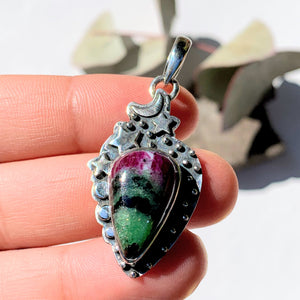 Celestial Moon & Stars Ruby Zoisite Gemstone Pendant in Oxidized Sterling Silver (Includes Silver Chain) #1 - Earth Family Crystals
