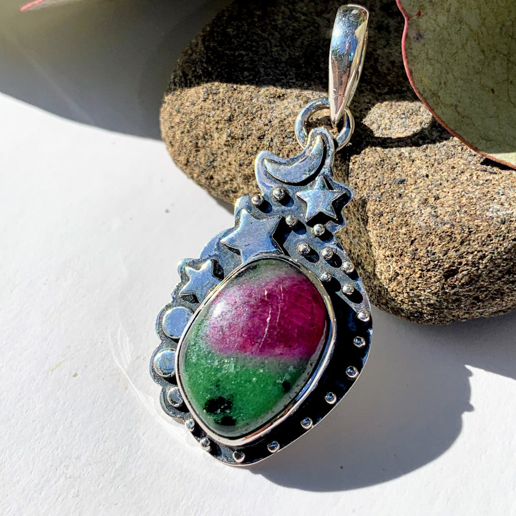 Celestial Moon & Stars Ruby Zoisite Gemstone Pendant in Oxidized Sterling Silver (Includes Silver Chain) #2 - Earth Family Crystals