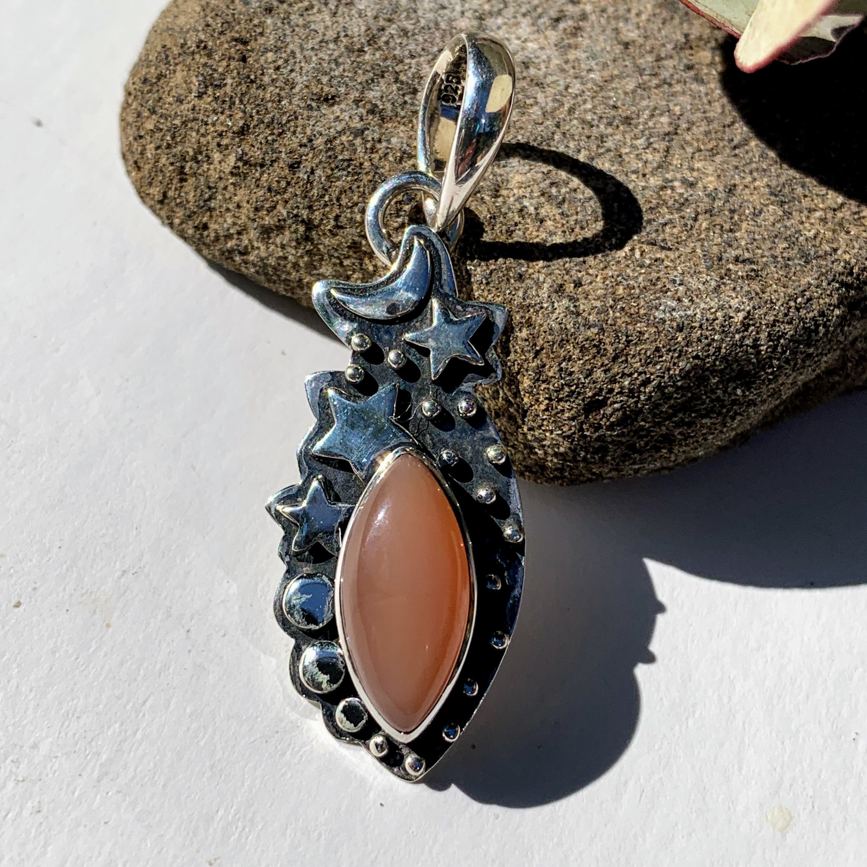 Celestial Moon & Stars Peach Moonstone Gemstone Pendant in Oxidized Sterling Silver (Includes Silver Chain) #1 - Earth Family Crystals