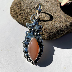 Celestial Moon & Stars Peach Moonstone Gemstone Pendant in Oxidized Sterling Silver (Includes Silver Chain) #1 - Earth Family Crystals