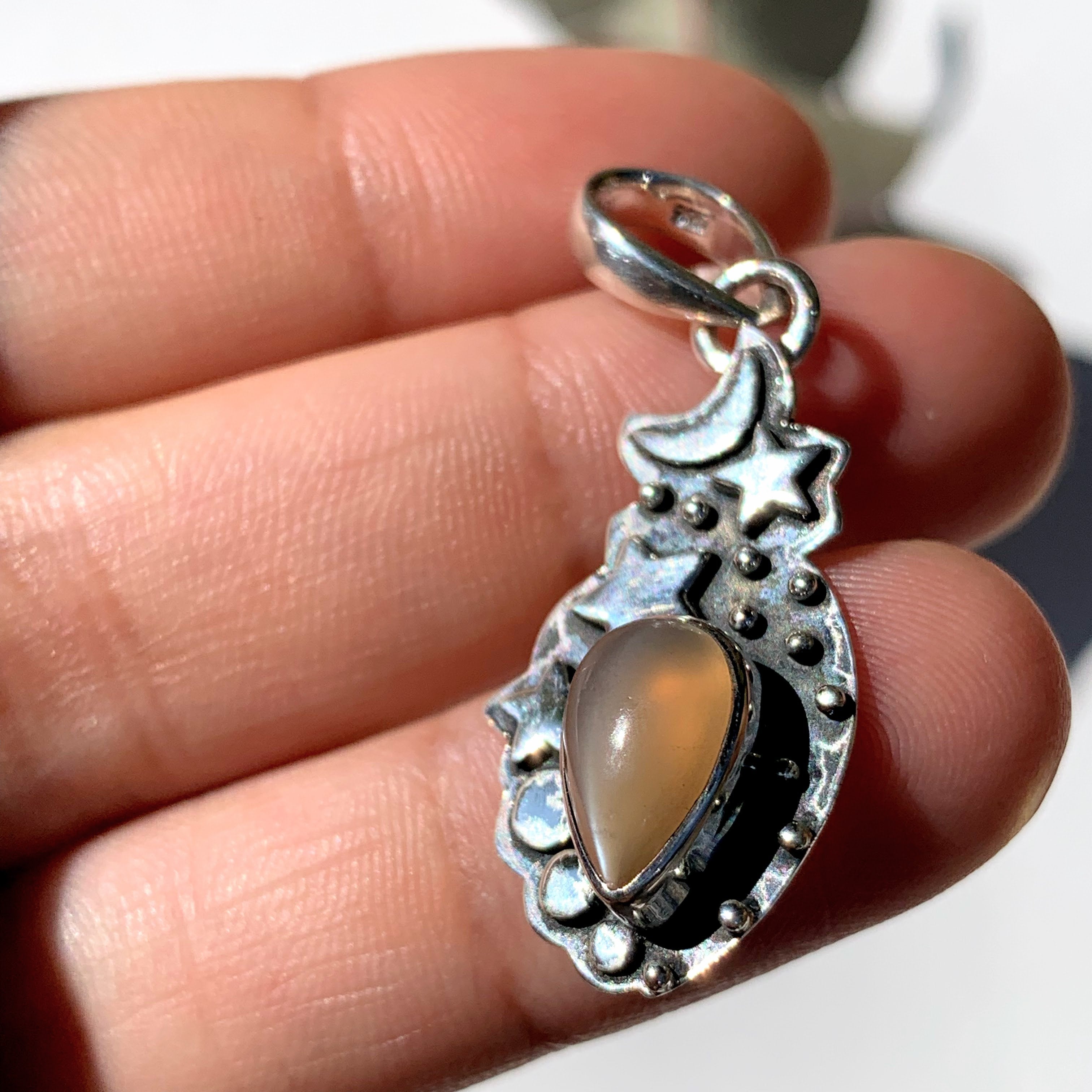 Celestial Moon & Stars Peach Moonstone Gemstone Pendant in Oxidized Sterling Silver (Includes Silver Chain) #2 - Earth Family Crystals