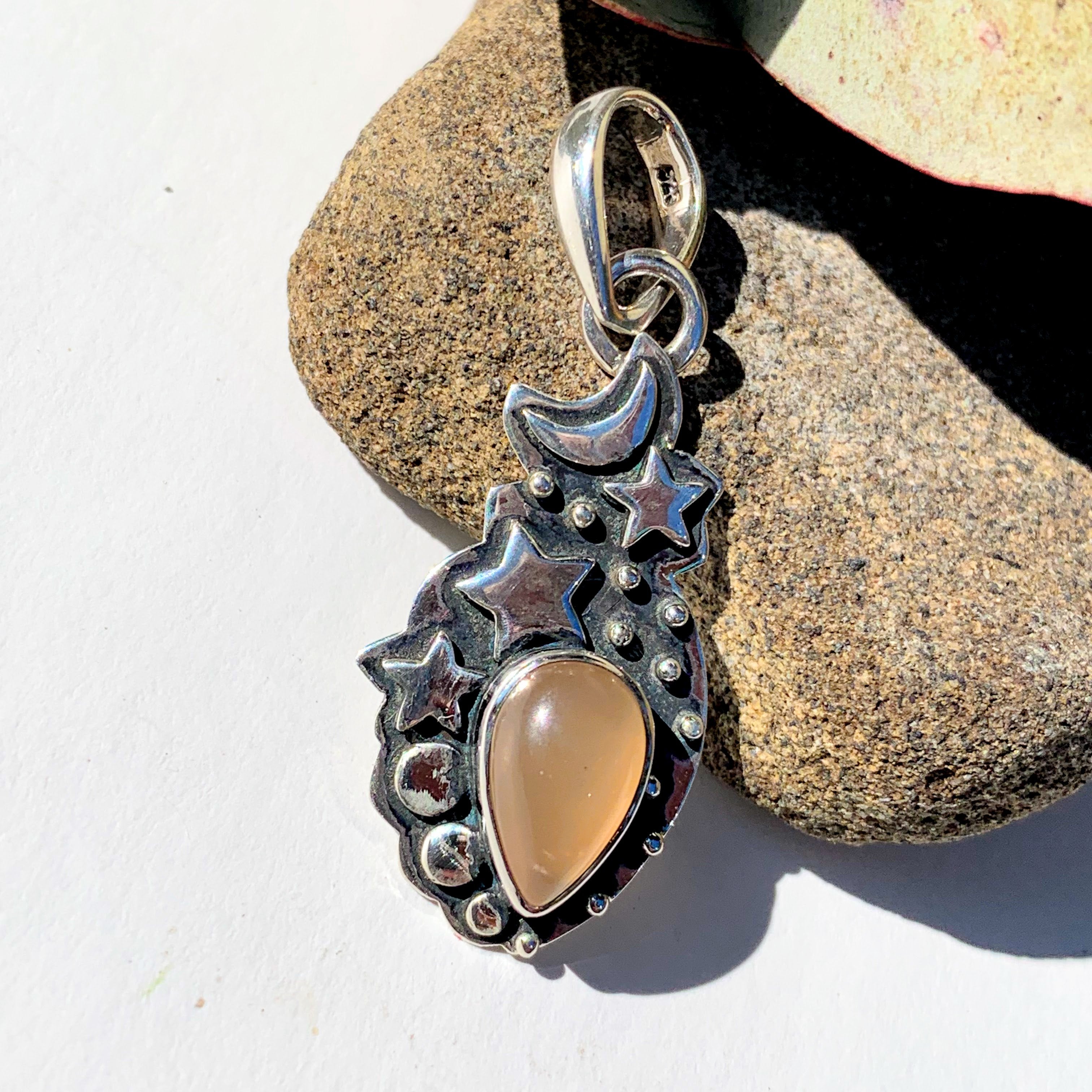 Celestial Moon & Stars Peach Moonstone Gemstone Pendant in Oxidized Sterling Silver (Includes Silver Chain) #2 - Earth Family Crystals