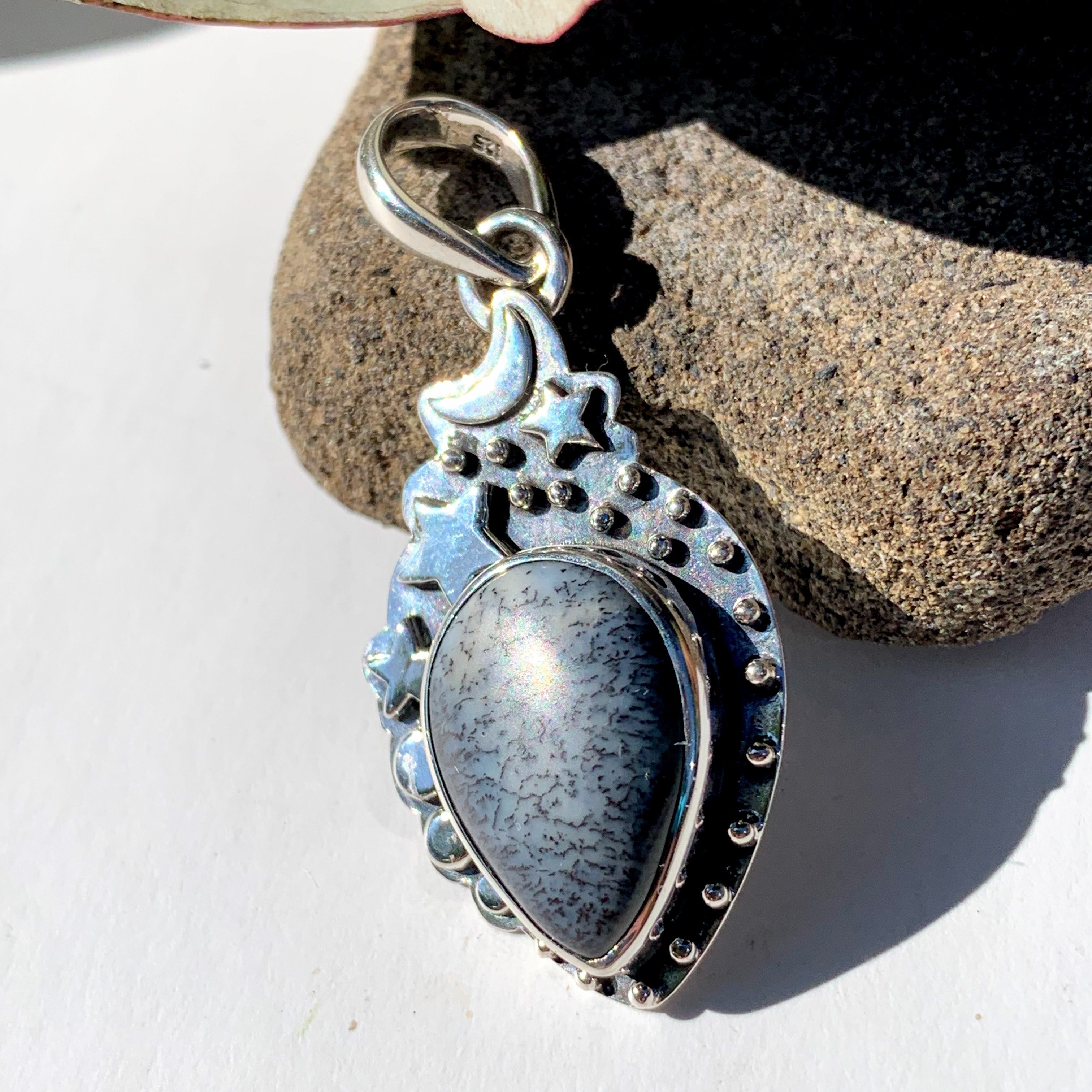 Celestial Moon & Stars Dendritic Agate Gemstone Pendant in Oxidized Sterling Silver (Includes Silver Chain) #1 - Earth Family Crystals
