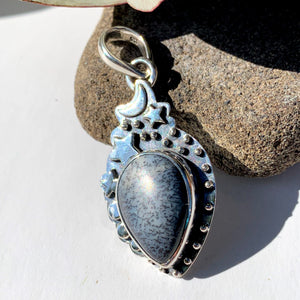 Celestial Moon & Stars Dendritic Agate Gemstone Pendant in Oxidized Sterling Silver (Includes Silver Chain) #1 - Earth Family Crystals