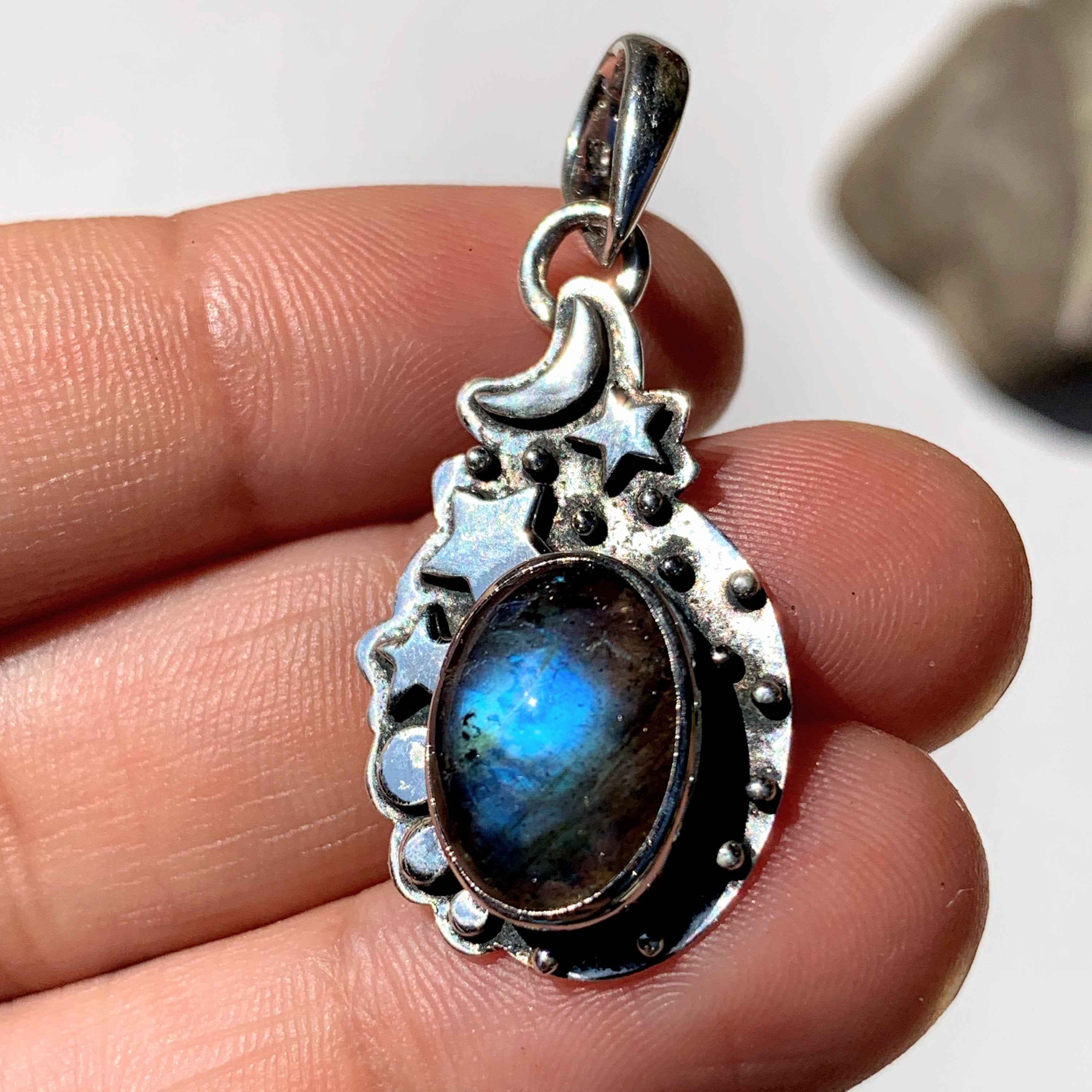 Celestial Moon & Stars Labradorite Gemstone Pendant in Oxidized Sterling Silver (Includes Silver Chain) #1 - Earth Family Crystals