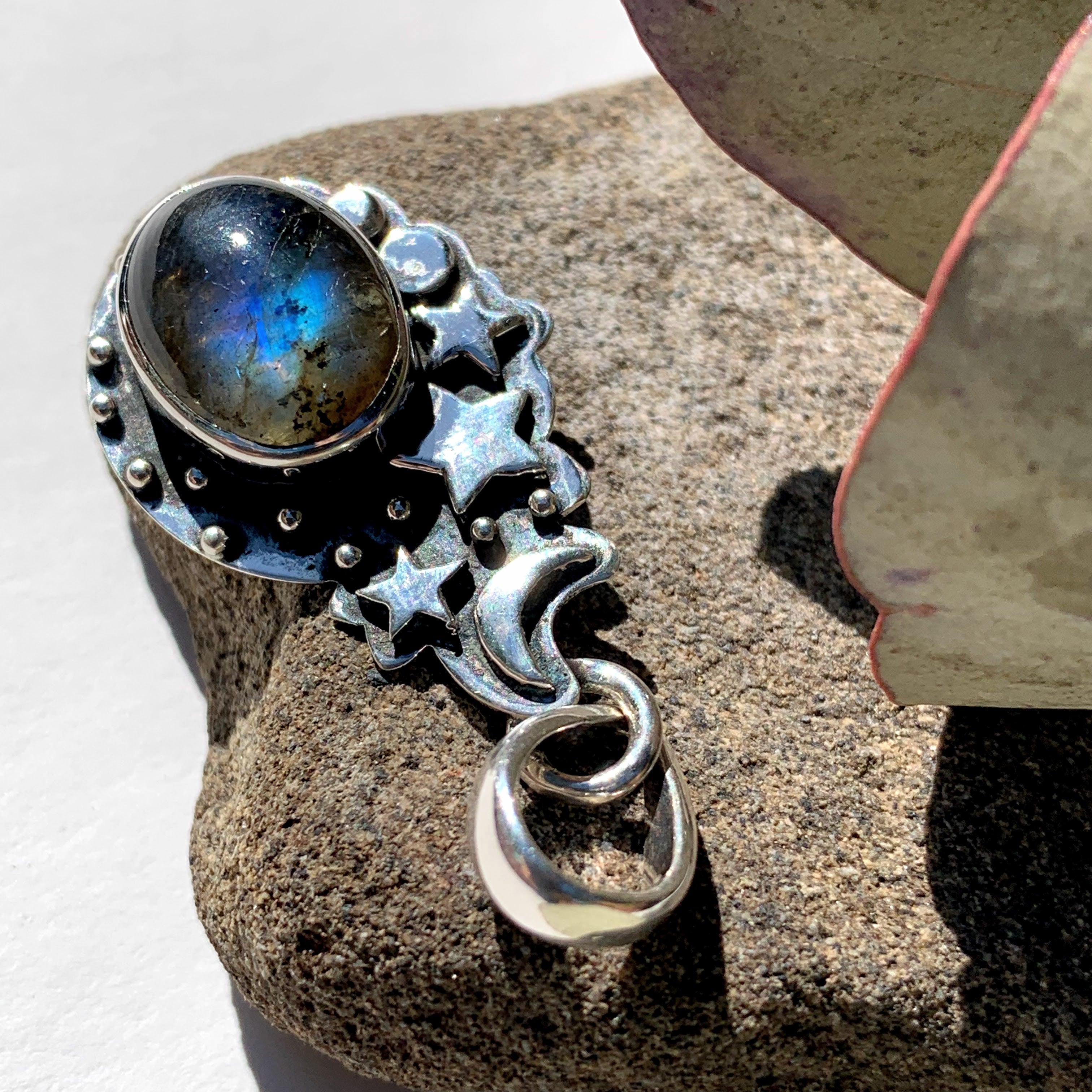 Celestial Moon & Stars Labradorite Gemstone Pendant in Oxidized Sterling Silver (Includes Silver Chain) #1 - Earth Family Crystals