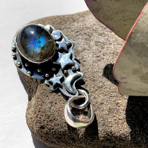 Celestial Moon & Stars Labradorite Gemstone Pendant in Oxidized Sterling Silver (Includes Silver Chain) #1 - Earth Family Crystals