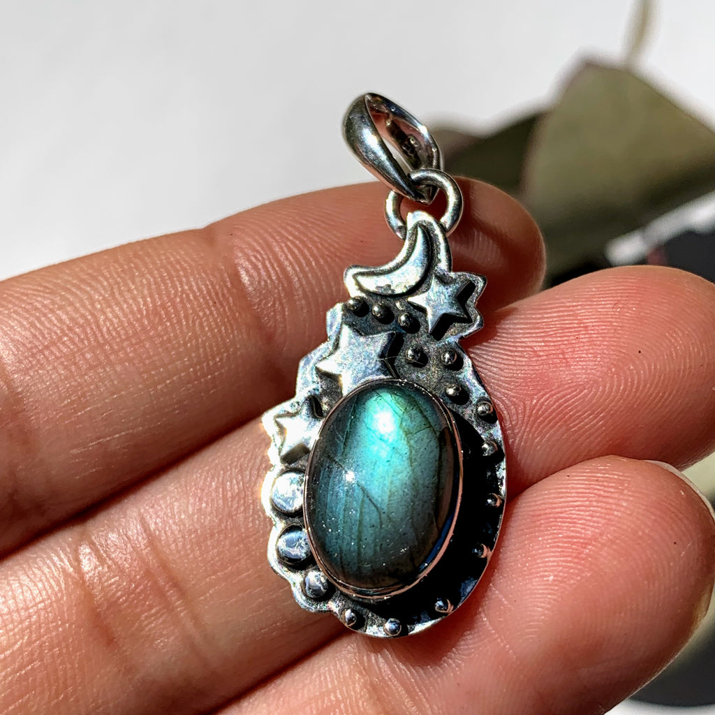 Celestial Moon & Stars Labradorite Gemstone Pendant in Oxidized Sterling Silver (Includes Silver Chain) #2 - Earth Family Crystals