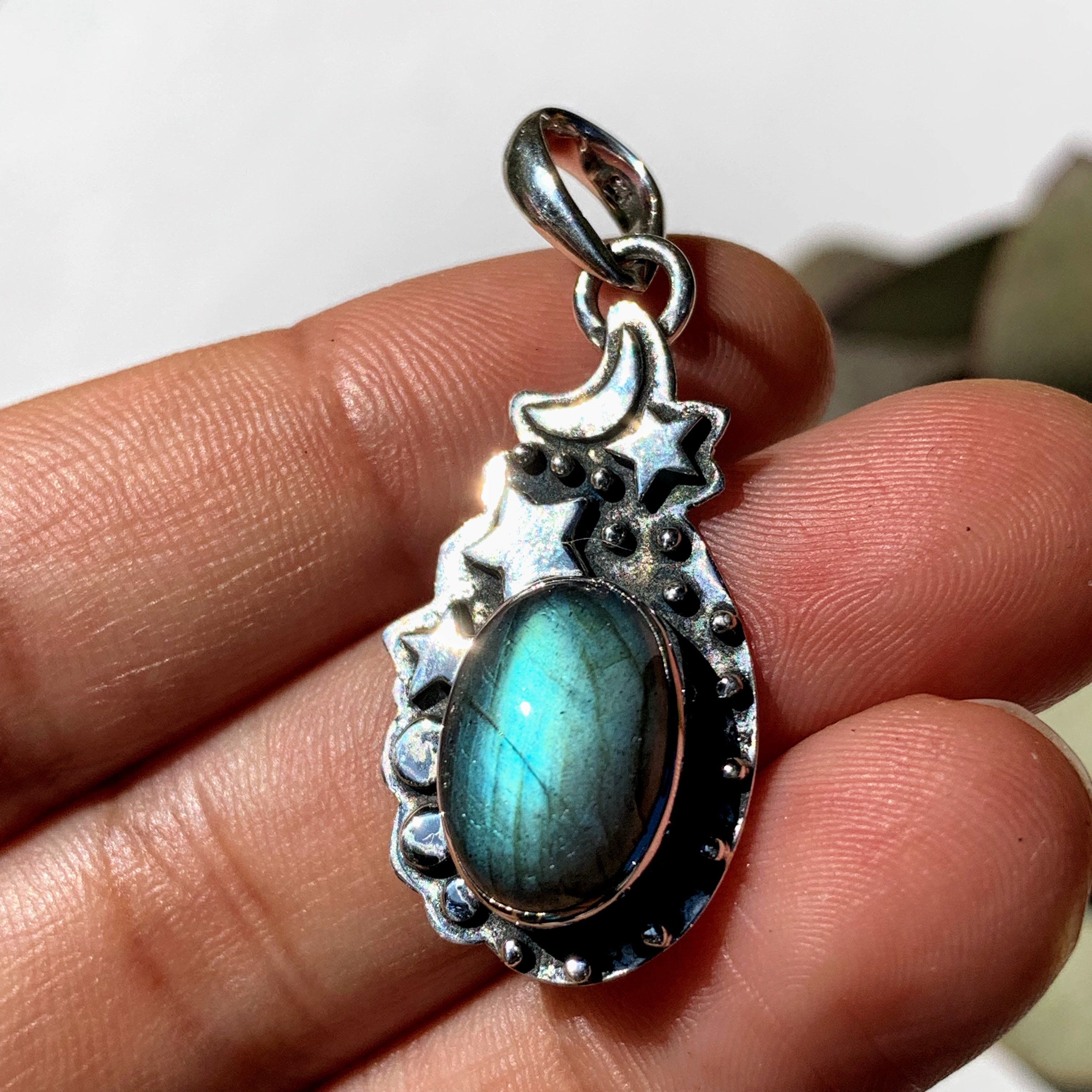 Celestial Moon & Stars Labradorite Gemstone Pendant in Oxidized Sterling Silver (Includes Silver Chain) #2 - Earth Family Crystals