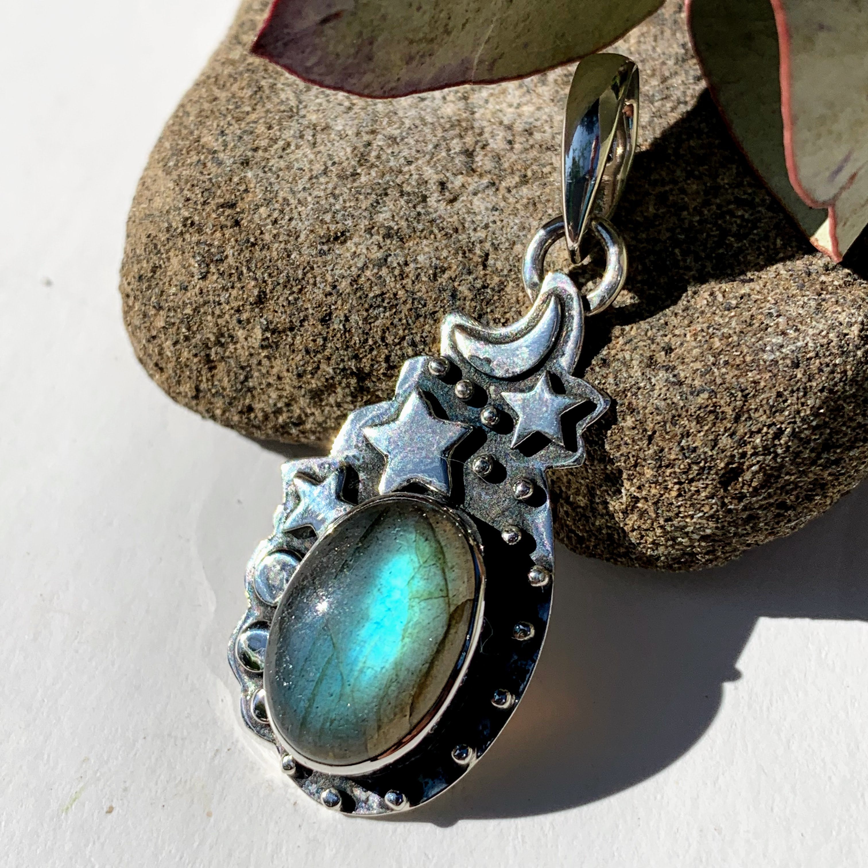 Celestial Moon & Stars Labradorite Gemstone Pendant in Oxidized Sterling Silver (Includes Silver Chain) #2 - Earth Family Crystals