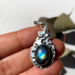 Celestial Moon & Stars Labradorite Gemstone Pendant in Oxidized Sterling Silver (Includes Silver Chain) #3 - Earth Family Crystals