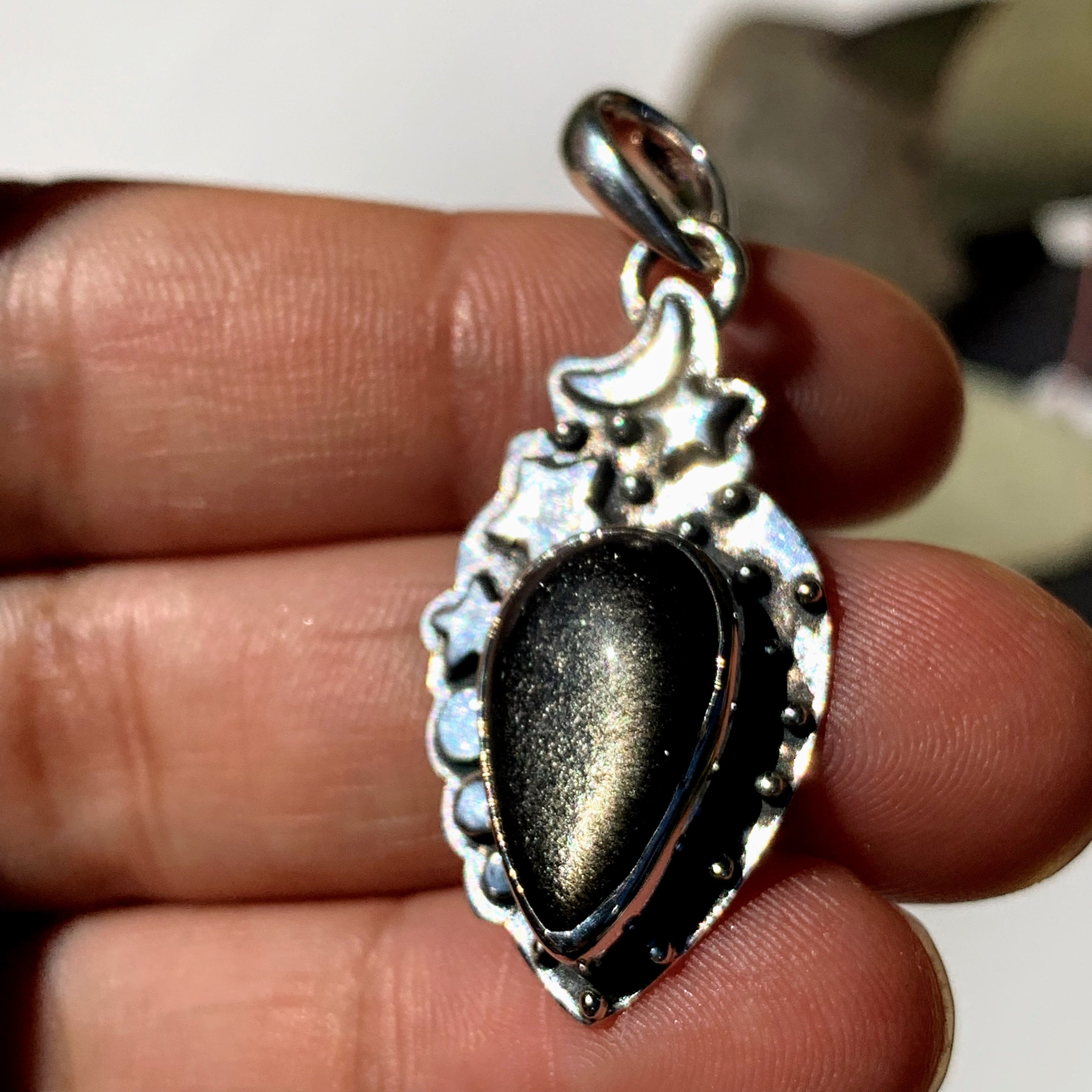 Celestial Moon & Stars Golden Sheen Obsidian Gemstone Pendant in Oxidized Sterling Silver (Includes Silver Chain) #3 - Earth Family Crystals