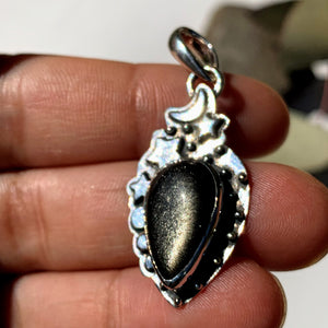 Celestial Moon & Stars Golden Sheen Obsidian Gemstone Pendant in Oxidized Sterling Silver (Includes Silver Chain) #3 - Earth Family Crystals
