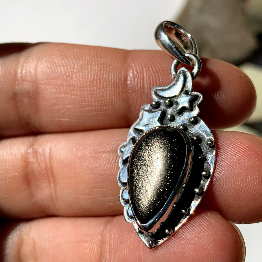 Celestial Moon & Stars Golden Sheen Obsidian Gemstone Pendant in Oxidized Sterling Silver (Includes Silver Chain) #3 - Earth Family Crystals
