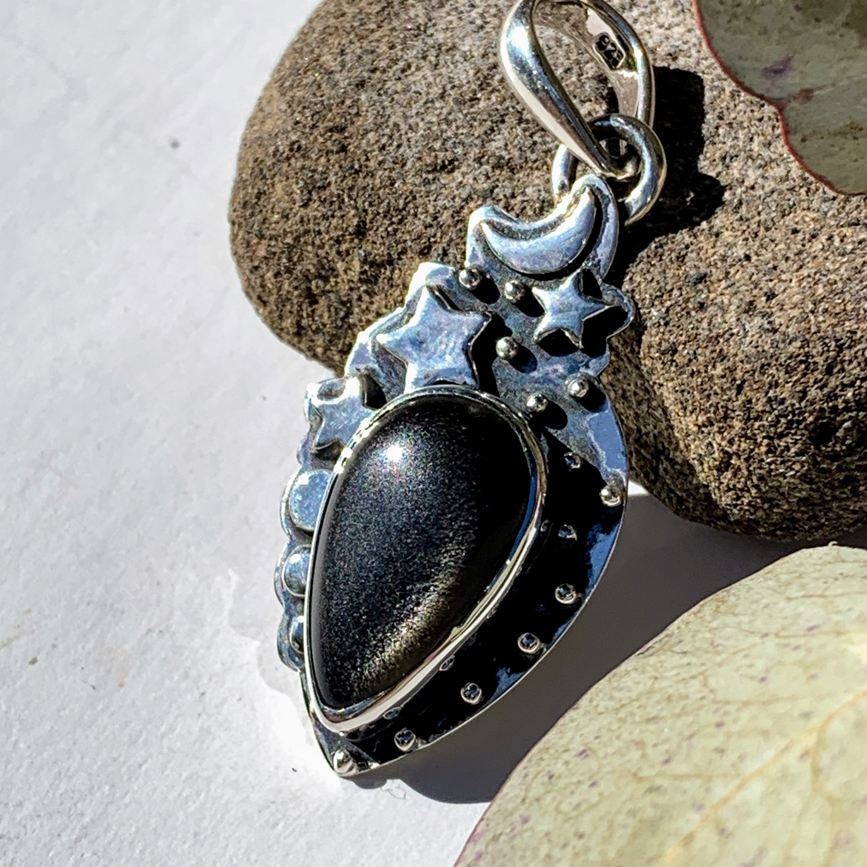 Celestial Moon & Stars Golden Sheen Obsidian Gemstone Pendant in Oxidized Sterling Silver (Includes Silver Chain) #3 - Earth Family Crystals