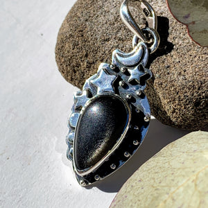 Celestial Moon & Stars Golden Sheen Obsidian Gemstone Pendant in Oxidized Sterling Silver (Includes Silver Chain) #3 - Earth Family Crystals