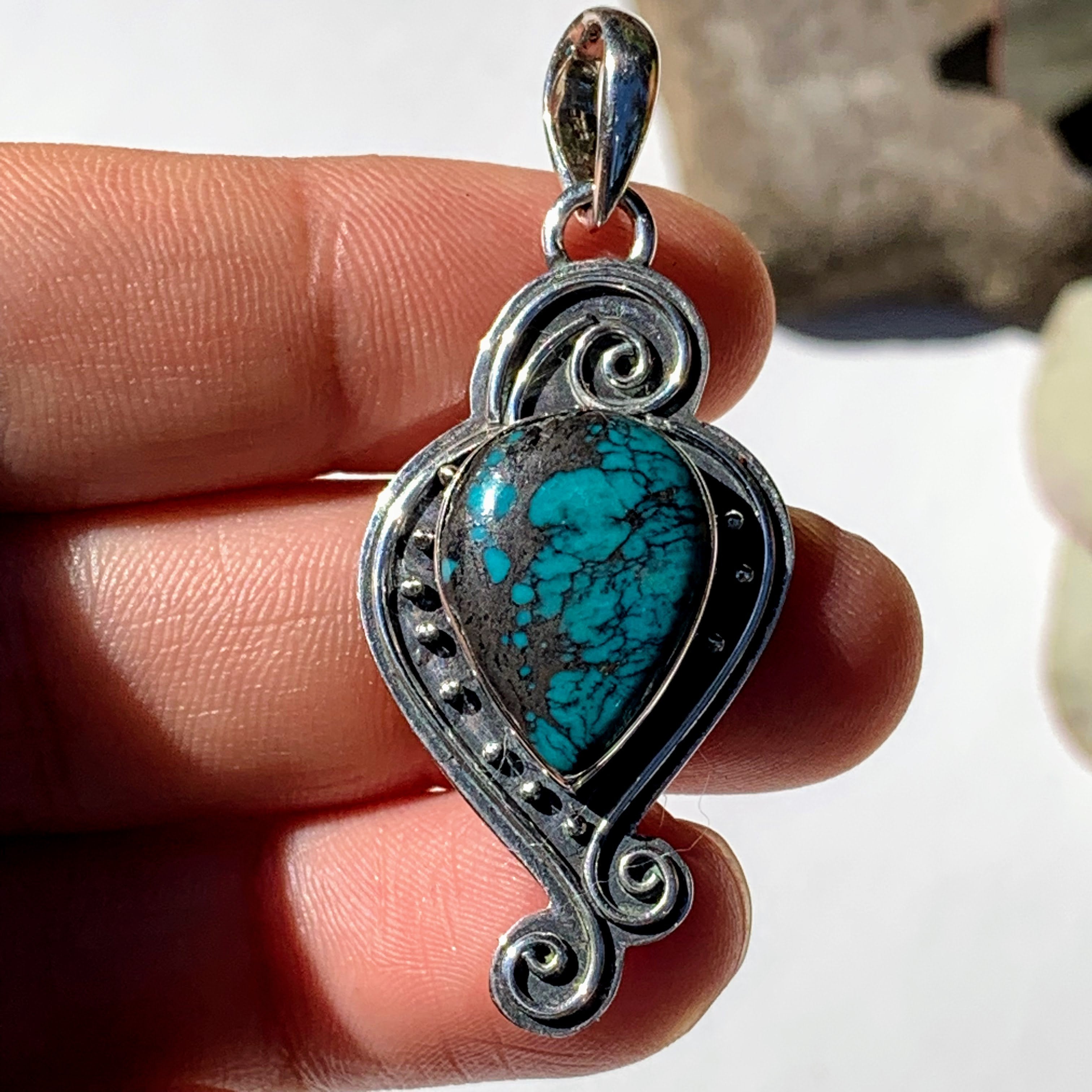 Elegant Tibetan Turquoise Oxidized Sterling Silver Pendant (Includes Silver Chain) - Earth Family Crystals
