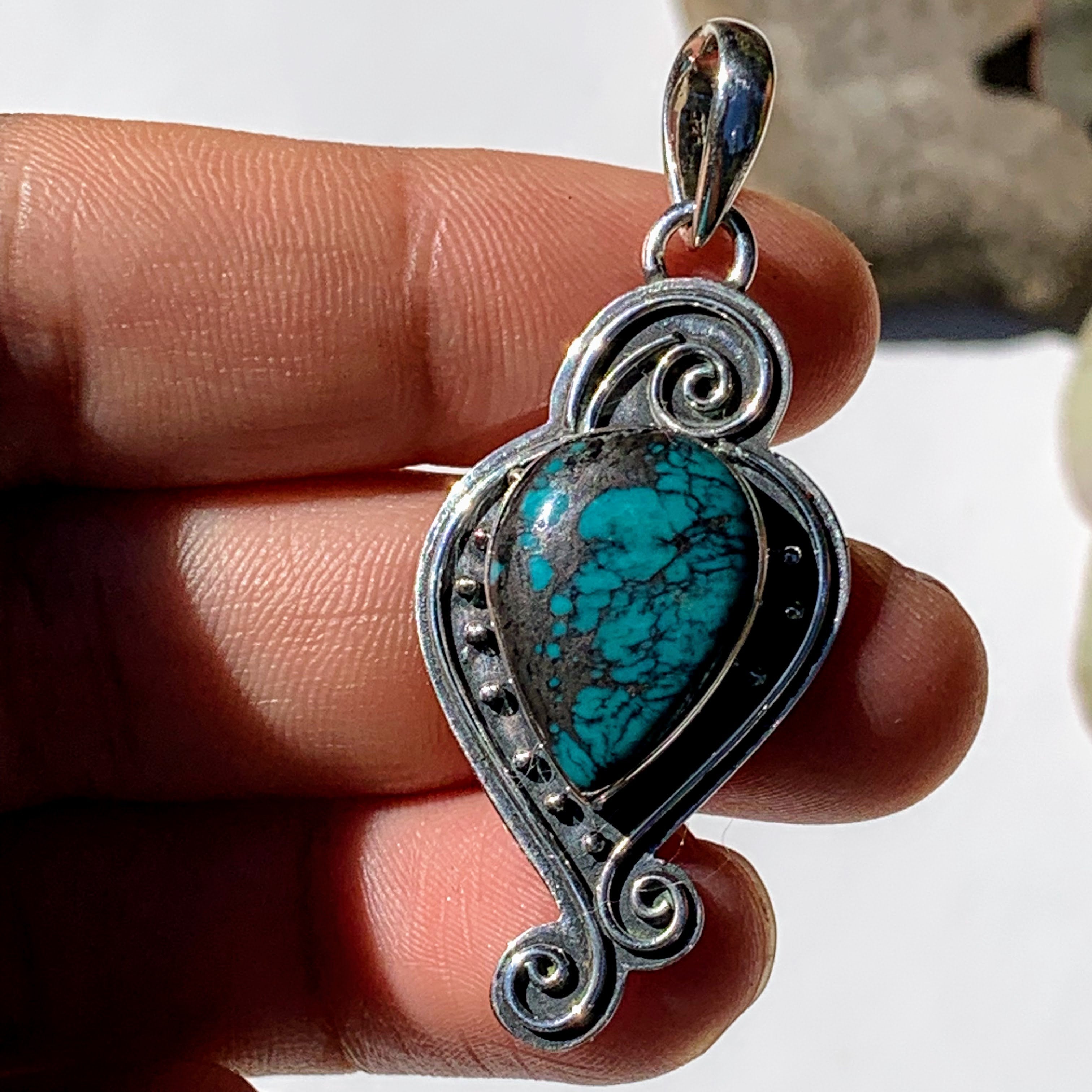Elegant Tibetan Turquoise Oxidized Sterling Silver Pendant (Includes Silver Chain) - Earth Family Crystals