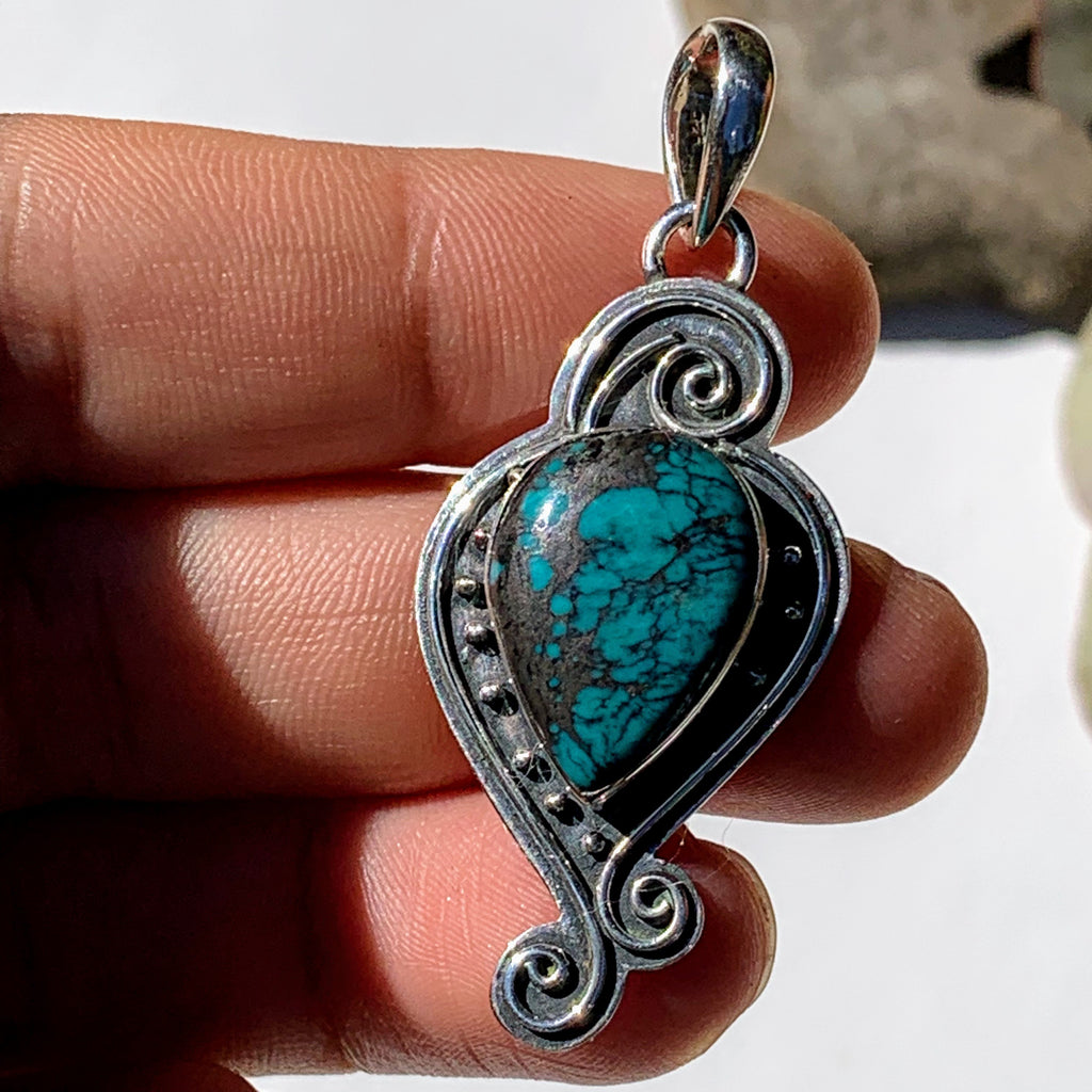 Elegant Tibetan Turquoise Oxidized Sterling Silver Pendant (Includes Silver Chain) - Earth Family Crystals