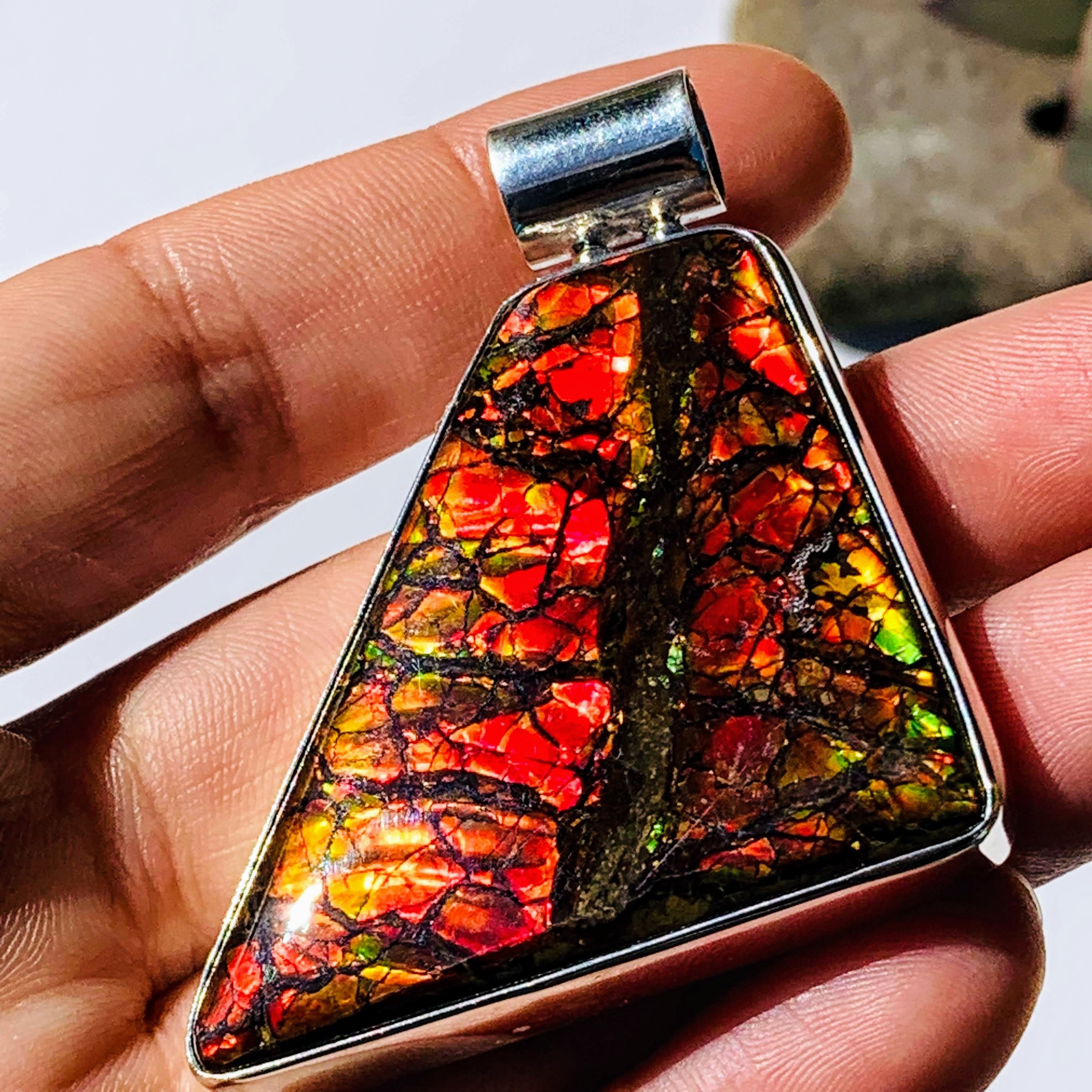 Chunky XL Incredible Flashes Alberta Ammolite Pendant in Sterling Silver (Includes Silver Chain) - Earth Family Crystals