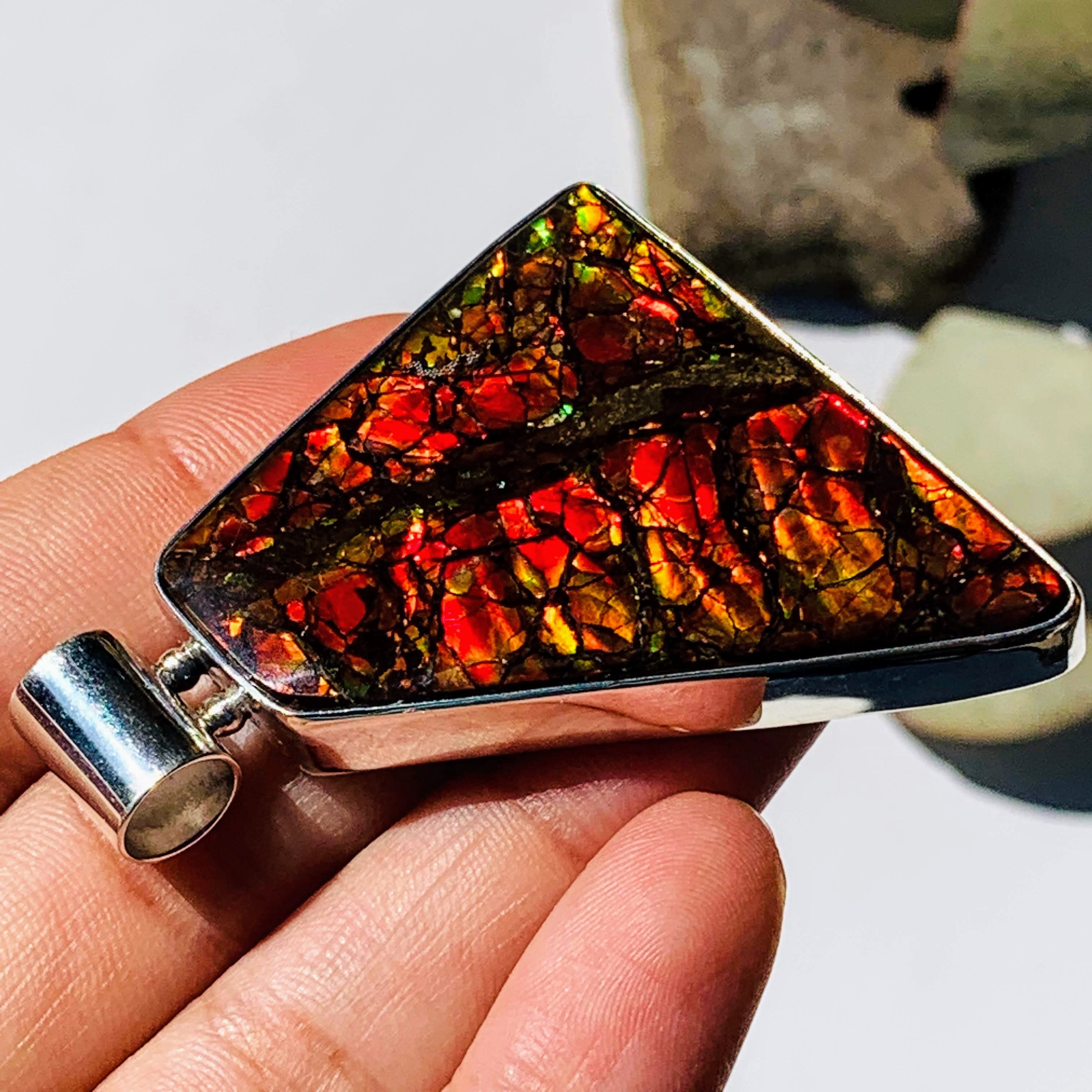 Chunky XL Incredible Flashes Alberta Ammolite Pendant in Sterling Silver (Includes Silver Chain) - Earth Family Crystals