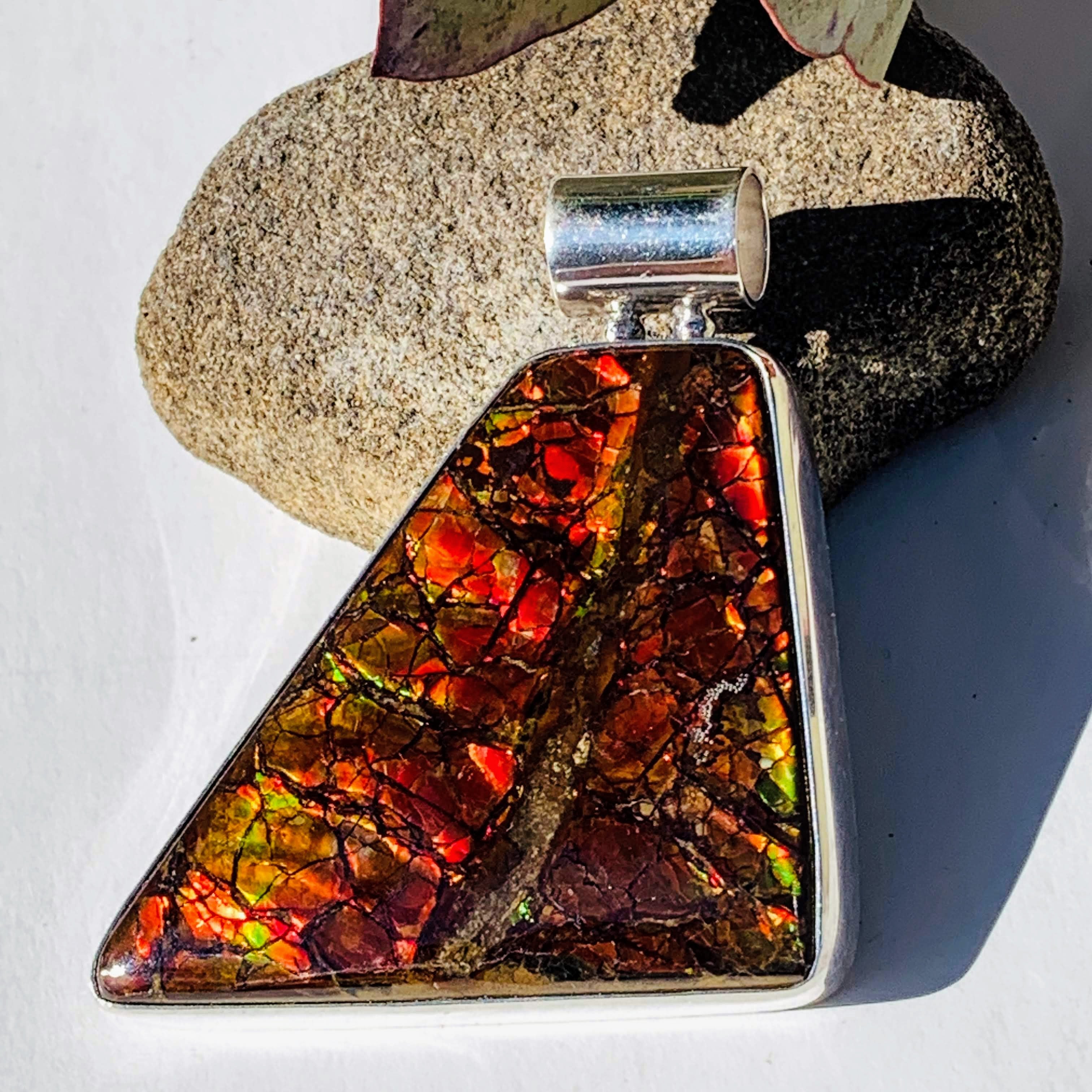 Chunky XL Incredible Flashes Alberta Ammolite Pendant in Sterling Silver (Includes Silver Chain) - Earth Family Crystals