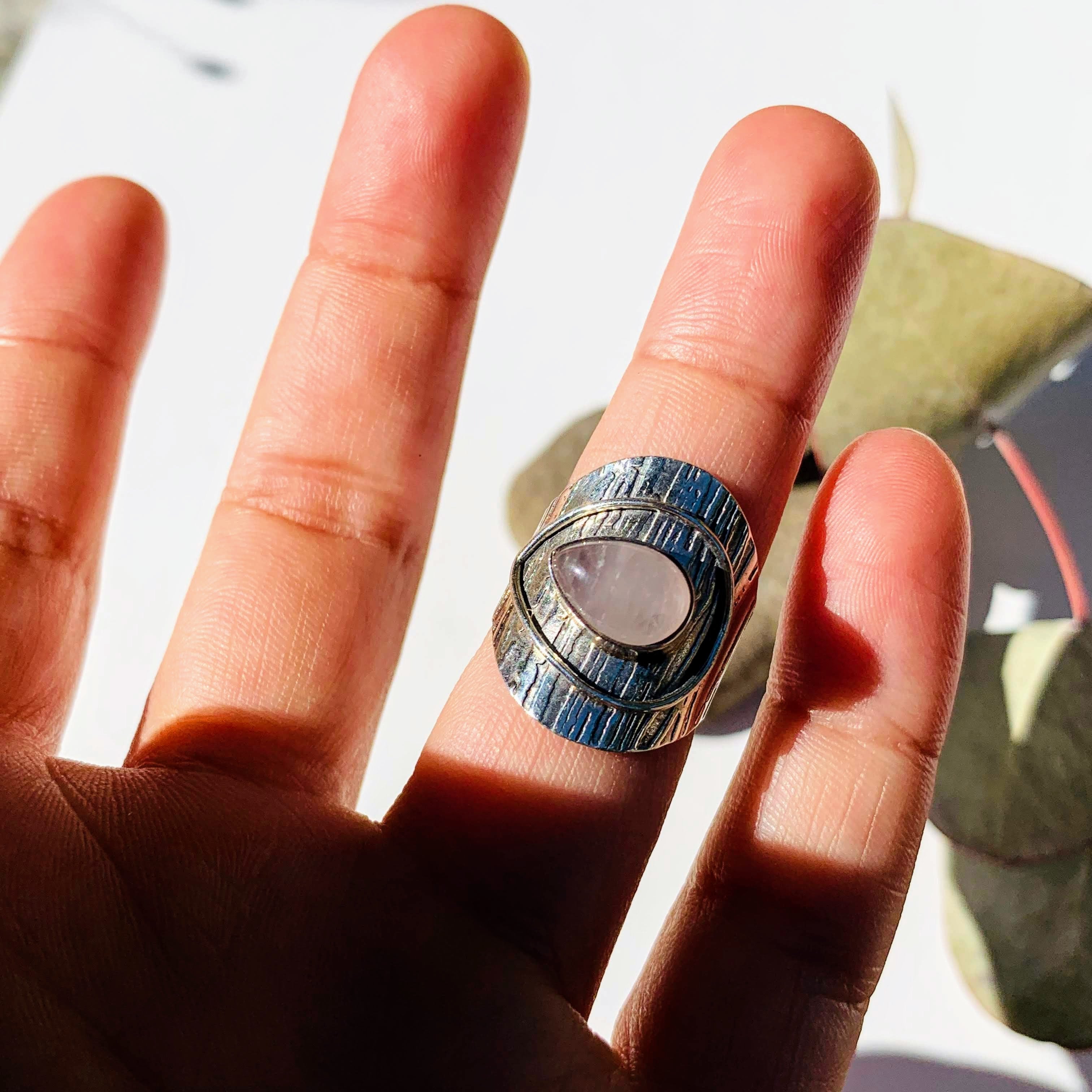 Creamy Soft Pink Teardrop Rose Quartz Sterling Silver Ring (Size 6) - Earth Family Crystals