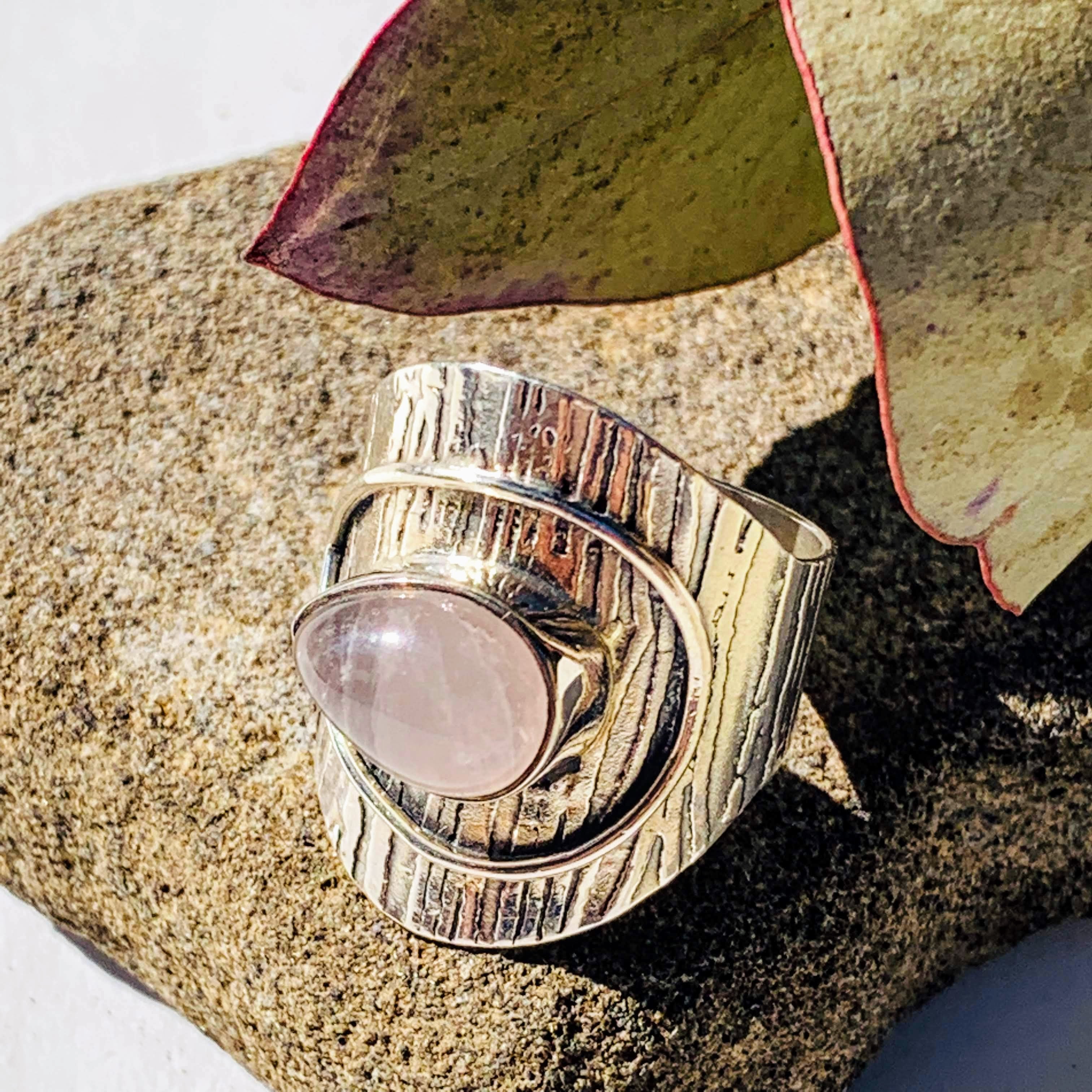Creamy Soft Pink Teardrop Rose Quartz Sterling Silver Ring (Size 6) - Earth Family Crystals