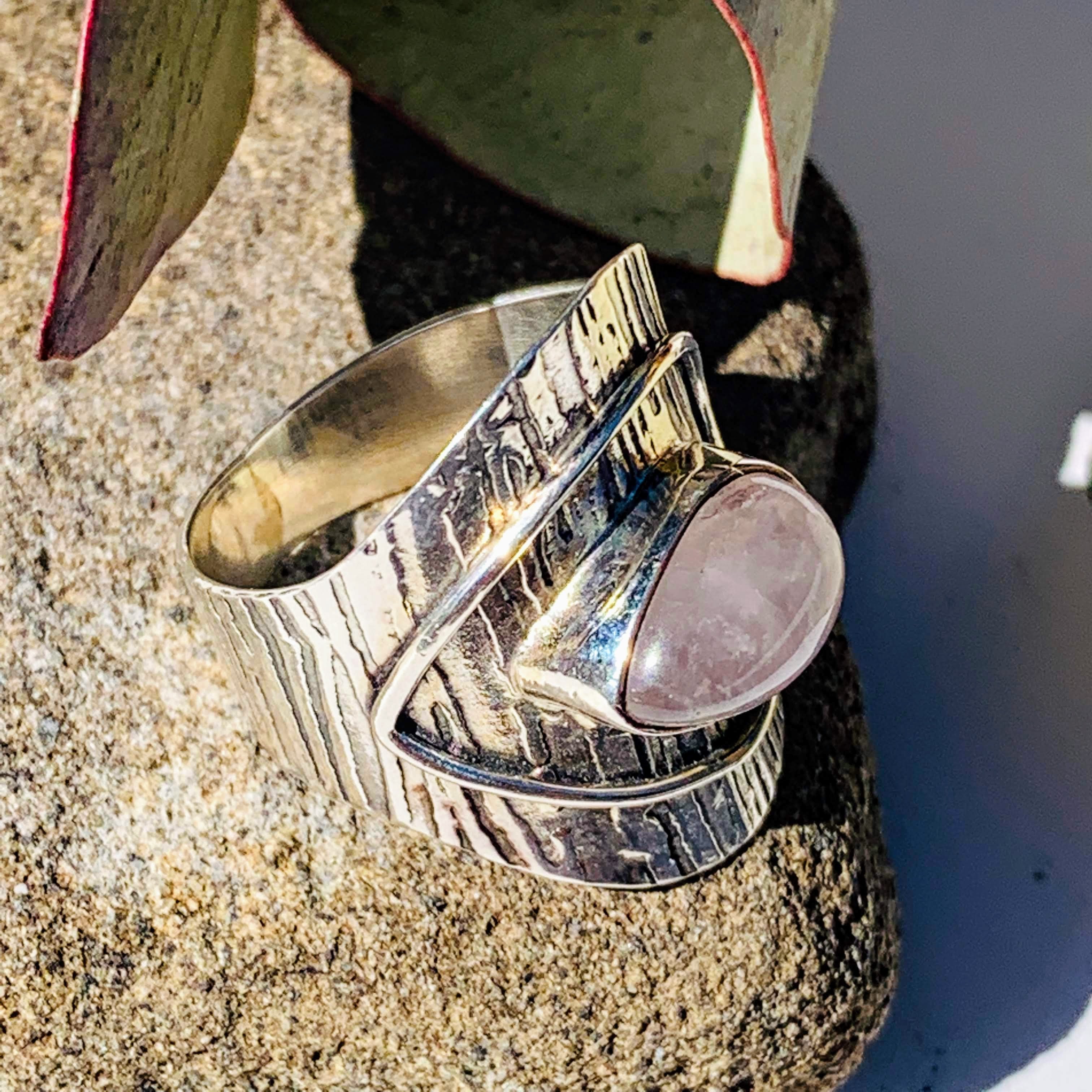 Creamy Soft Pink Teardrop Rose Quartz Sterling Silver Ring (Size 6) - Earth Family Crystals