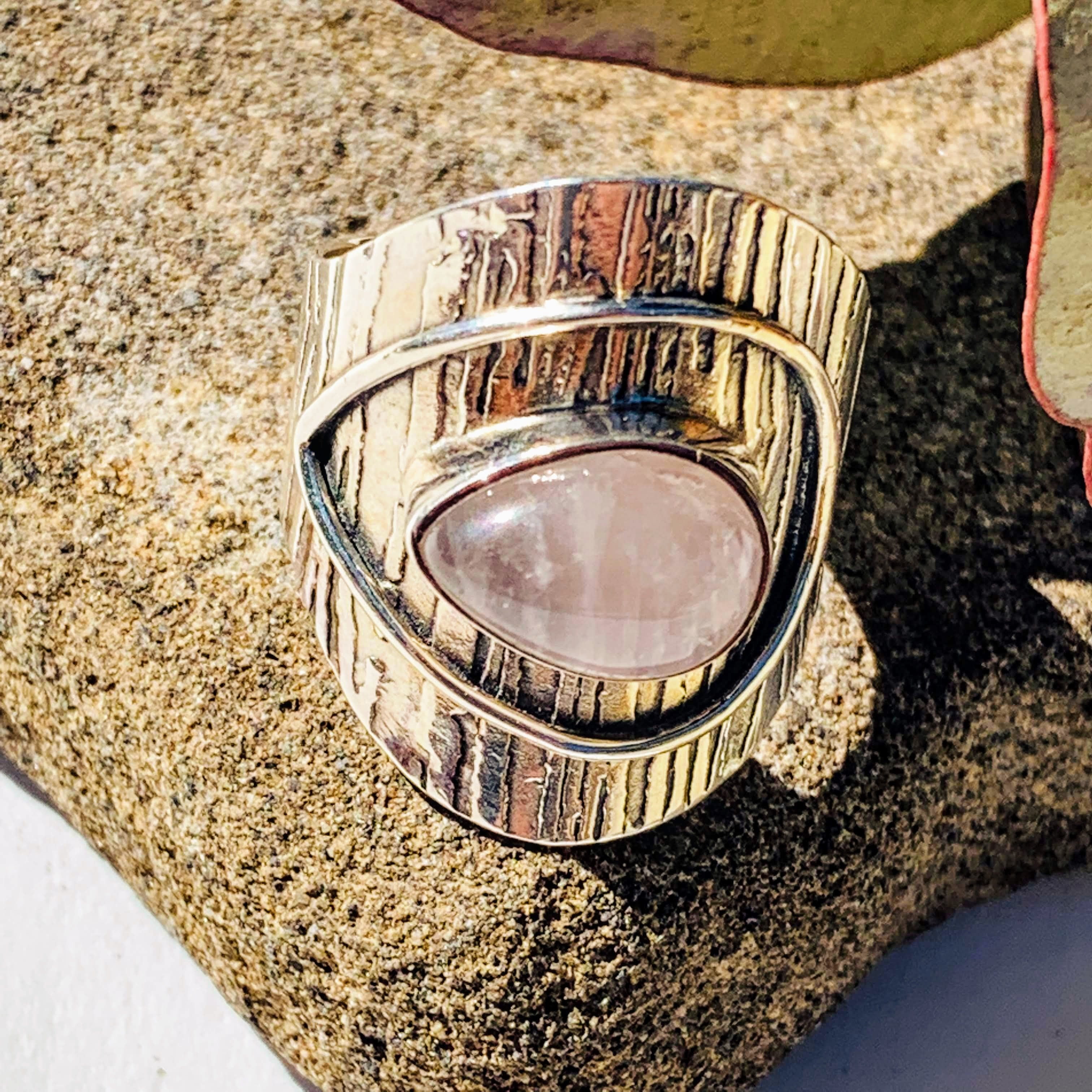 Creamy Soft Pink Teardrop Rose Quartz Sterling Silver Ring (Size 6) - Earth Family Crystals