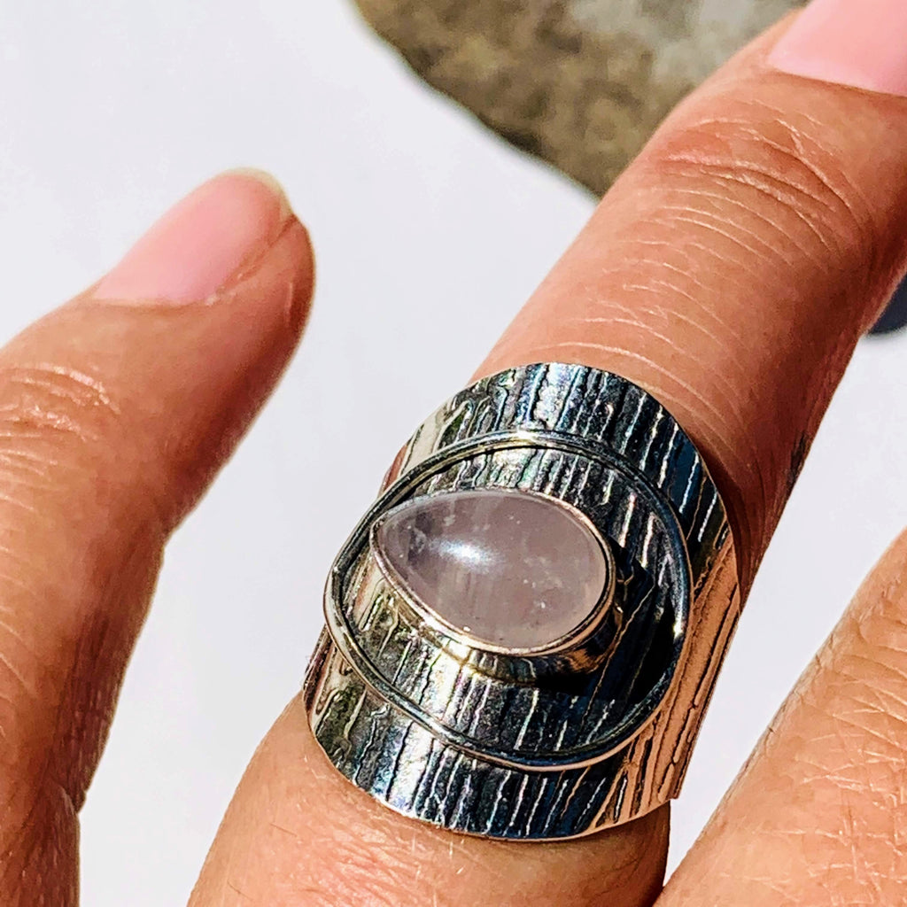 Creamy Soft Pink Teardrop Rose Quartz Sterling Silver Ring (Size 6) - Earth Family Crystals