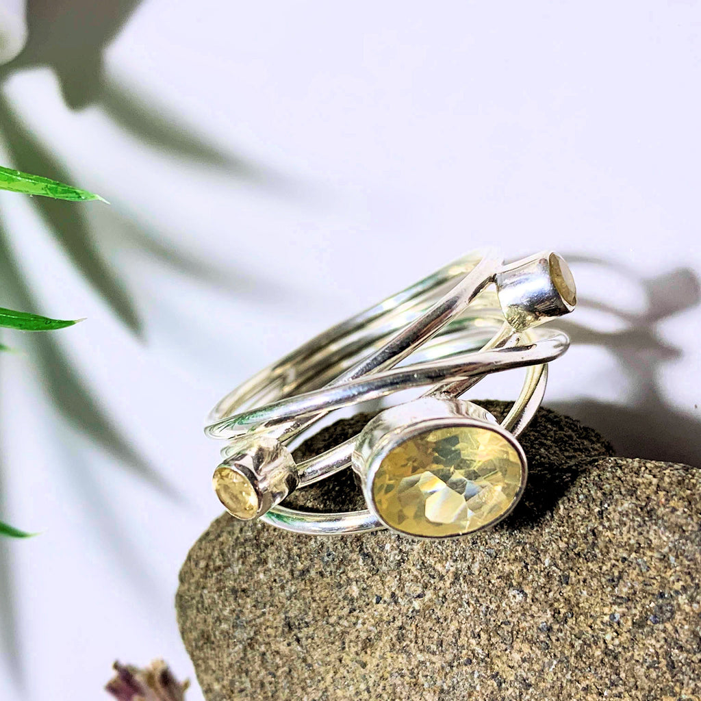 Golden Faceted 3 Stone Citrine Ring in Sterling Silver (Size 8) - Earth Family Crystals