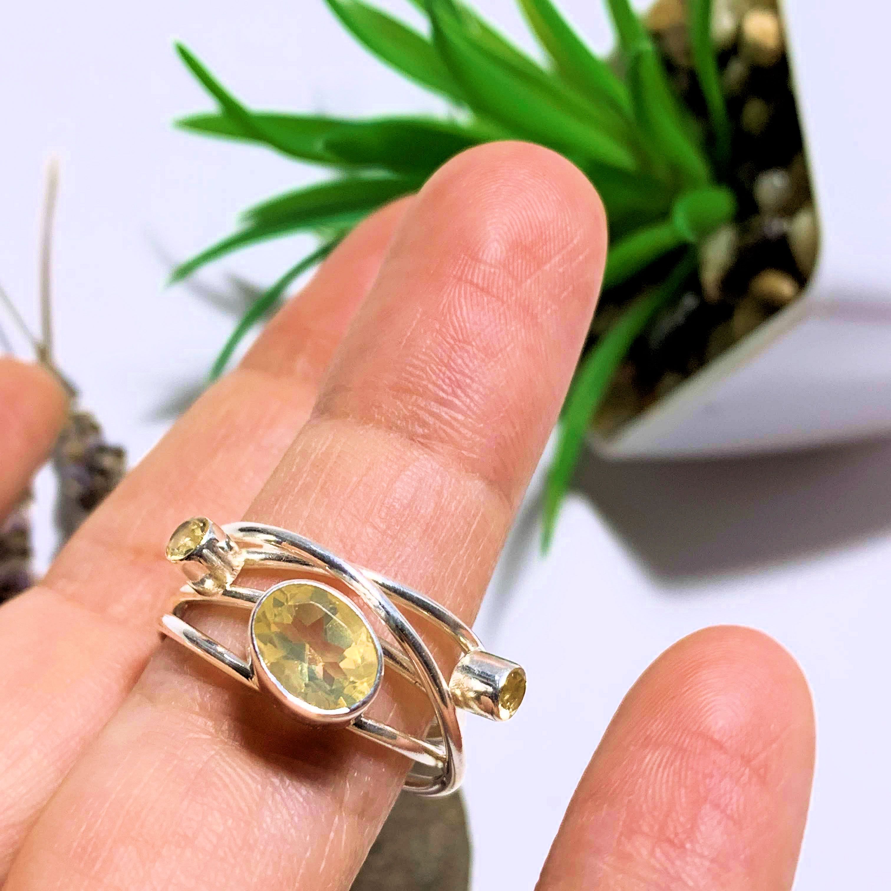 Golden Faceted 3 Stone Citrine Ring in Sterling Silver (Size 8) - Earth Family Crystals