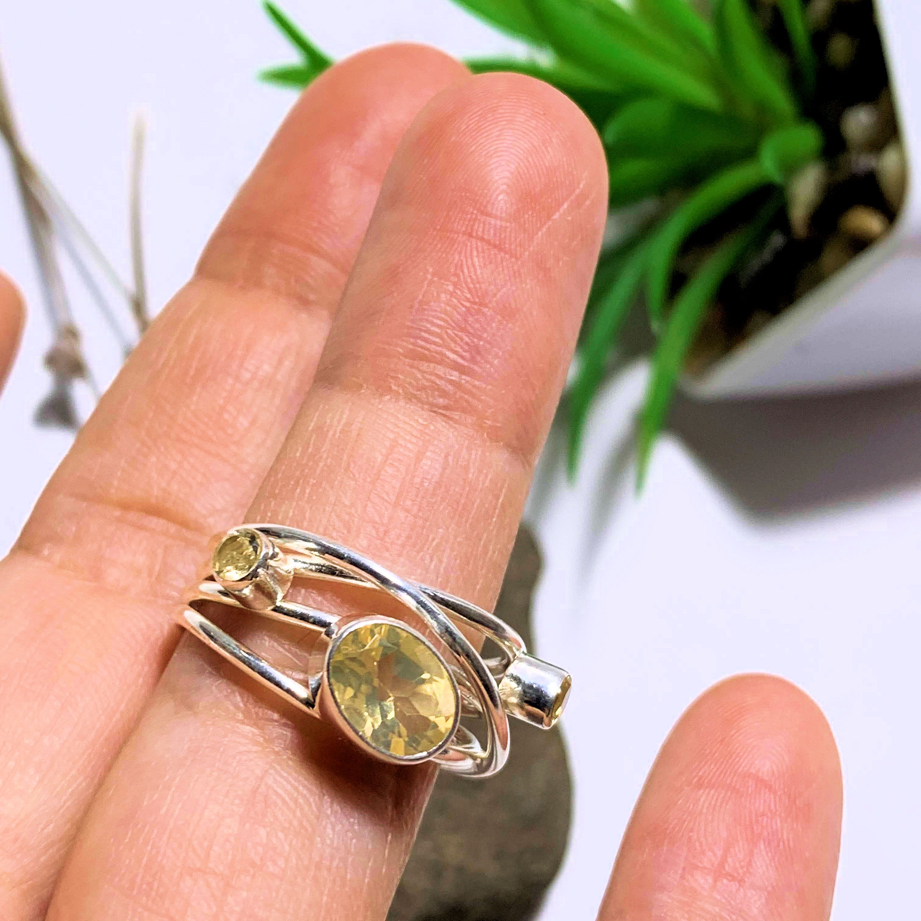 Golden Faceted 3 Stone Citrine Ring in Sterling Silver (Size 8) - Earth Family Crystals