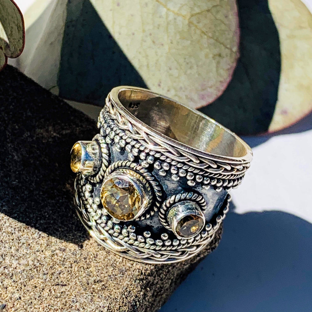 Gorgeous Chunky Golden Sparkle Faceted Citrine Ring in Sterling Silver (Size 9) - Earth Family Crystals