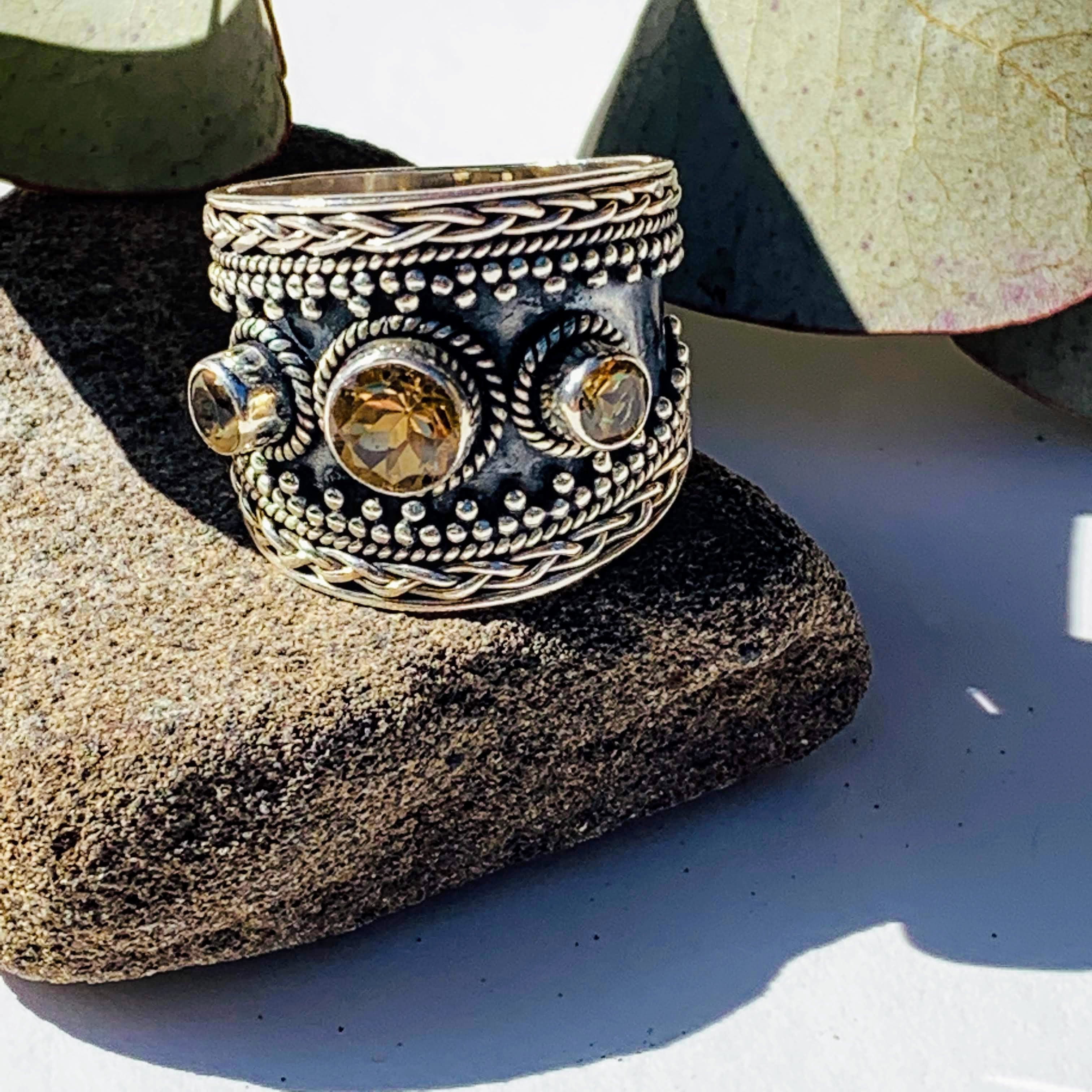 Gorgeous Chunky Golden Sparkle Faceted Citrine Ring in Sterling Silver (Size 9) - Earth Family Crystals