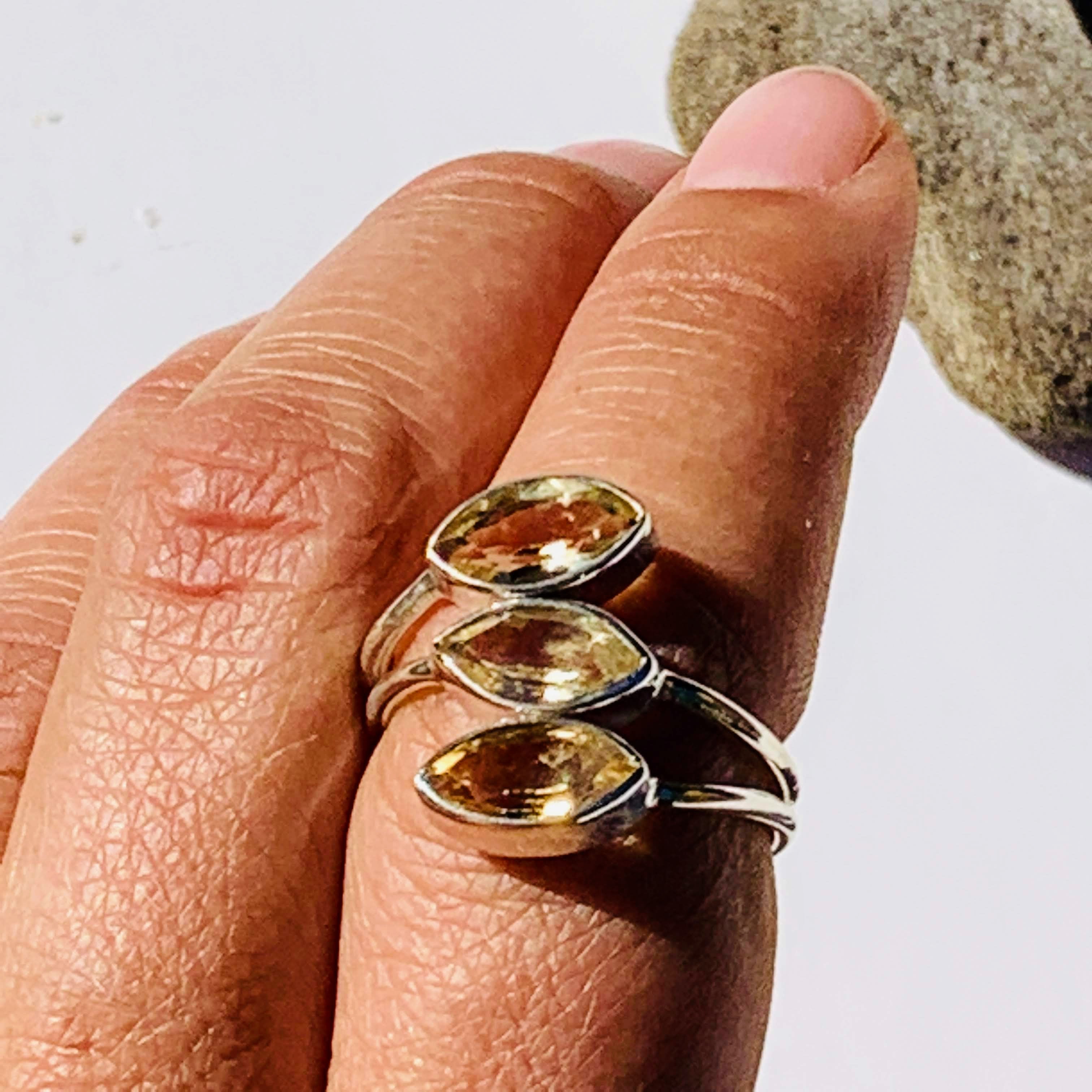 Elegant Faceted Three Stone Golden Citrine Ring in Sterling Silver (Size 8.5) - Earth Family Crystals