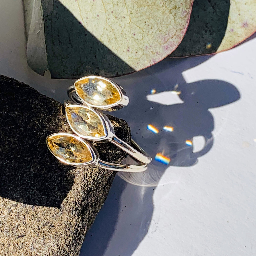 Elegant Faceted Three Stone Golden Citrine Ring in Sterling Silver (Size 8.5) - Earth Family Crystals