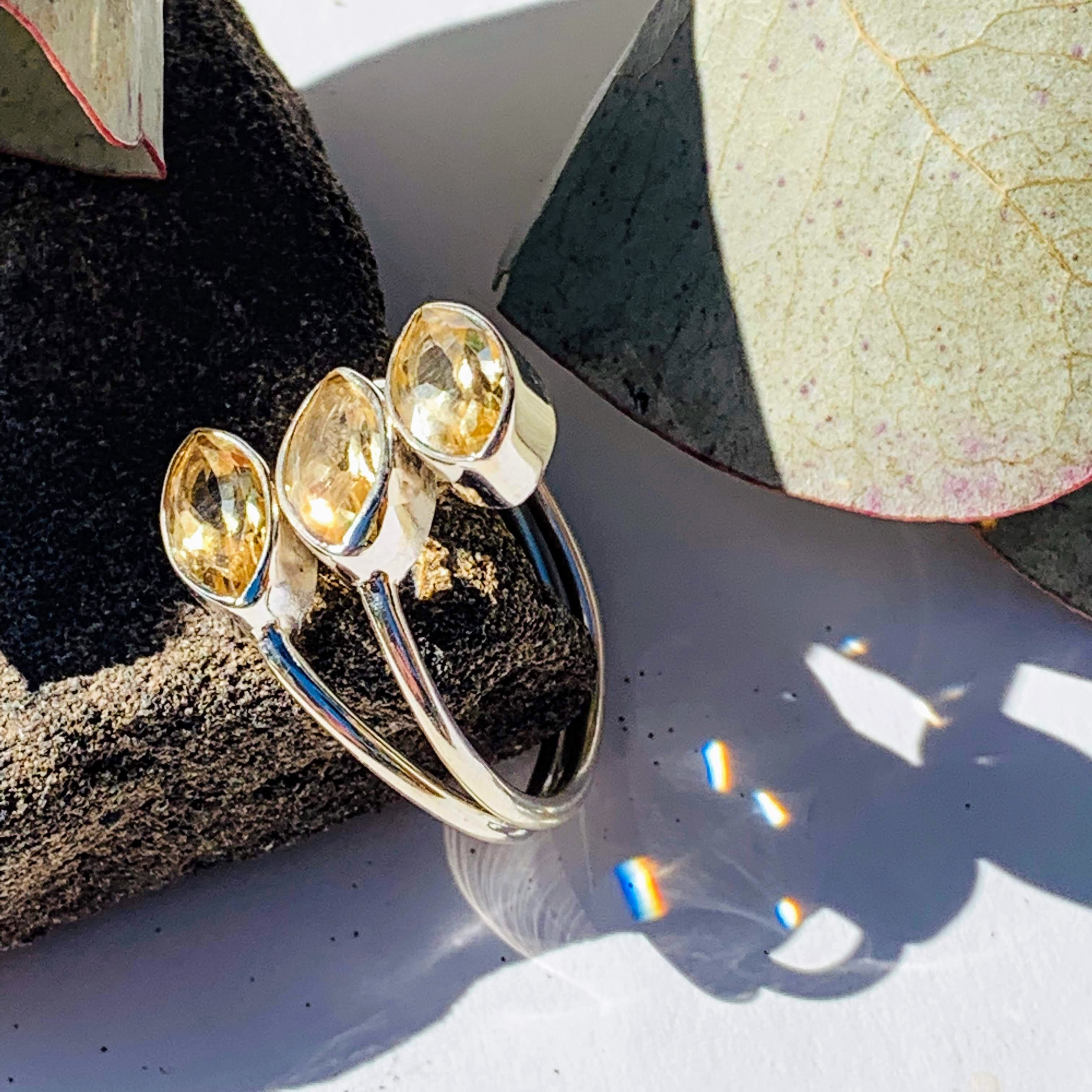 Elegant Faceted Three Stone Golden Citrine Ring in Sterling Silver (Size 8.5) - Earth Family Crystals