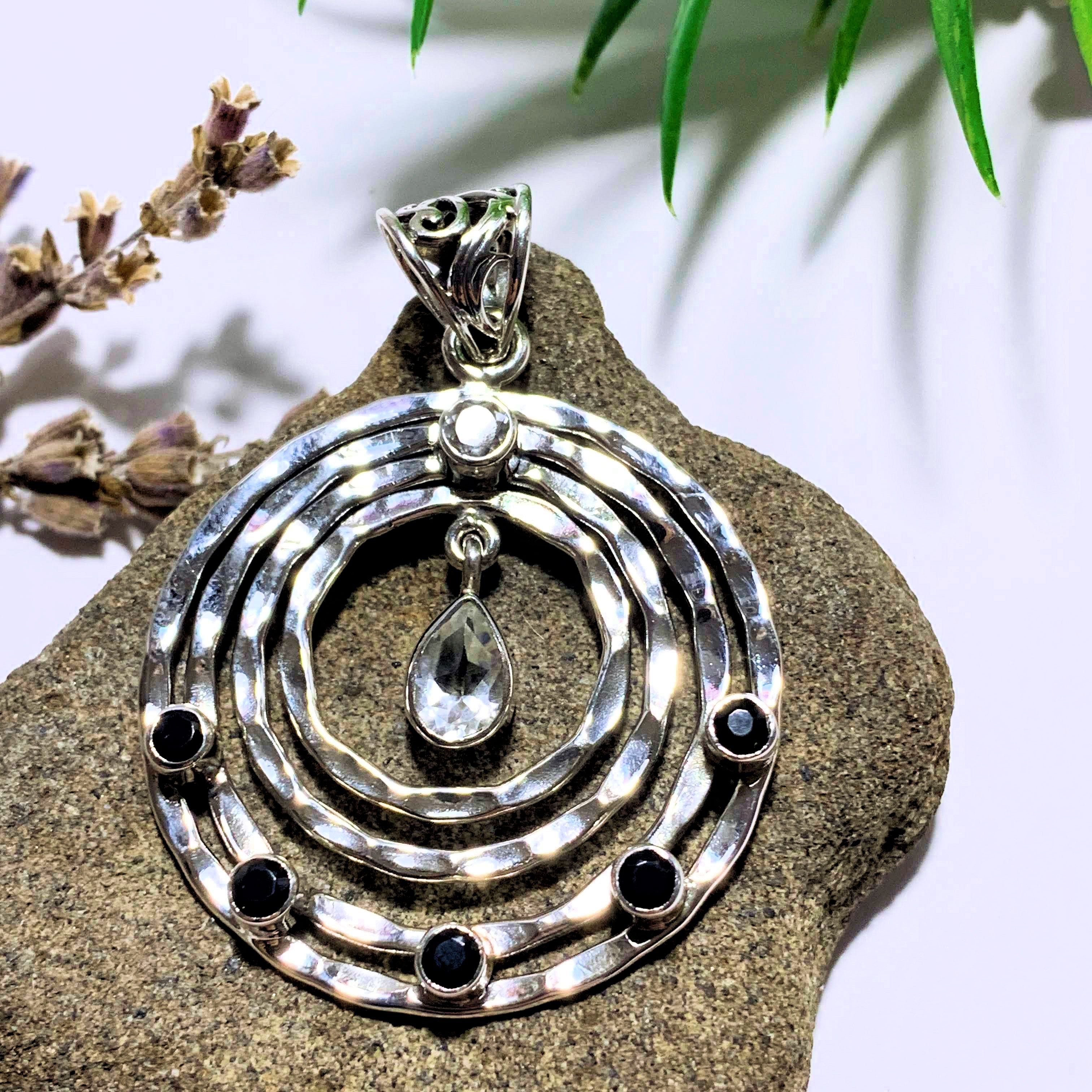 Faceted Clear Quartz & Black Onyx Sterling Silver Pendant (Includes Silver Chain) - Earth Family Crystals