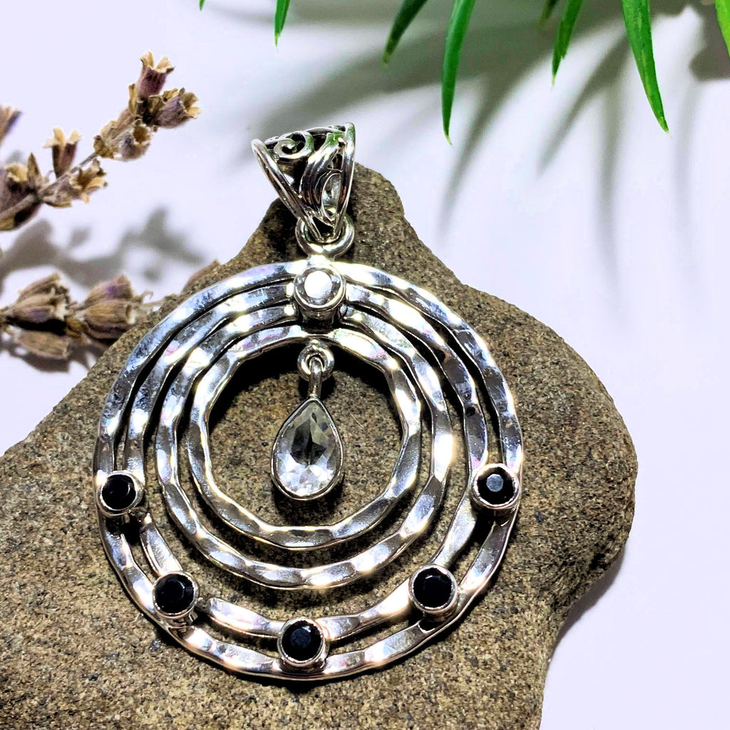 Faceted Clear Quartz & Black Onyx Sterling Silver Pendant (Includes Silver Chain) - Earth Family Crystals