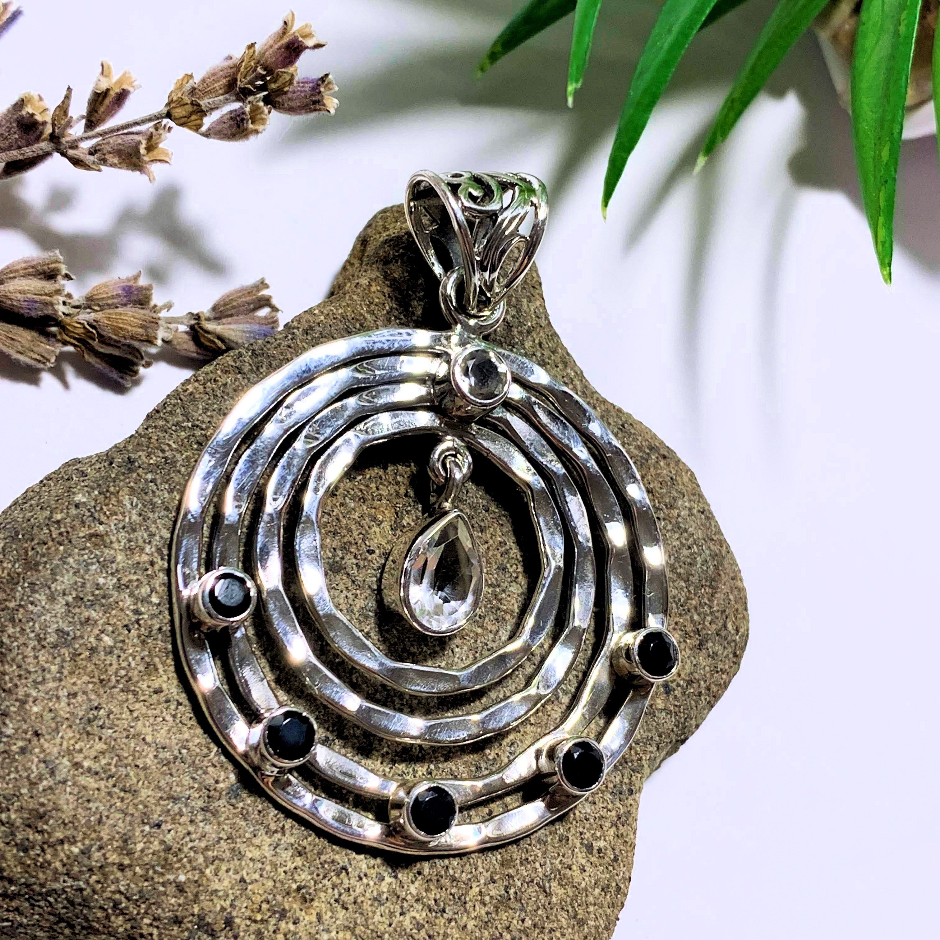 Faceted Clear Quartz & Black Onyx Sterling Silver Pendant (Includes Silver Chain) - Earth Family Crystals