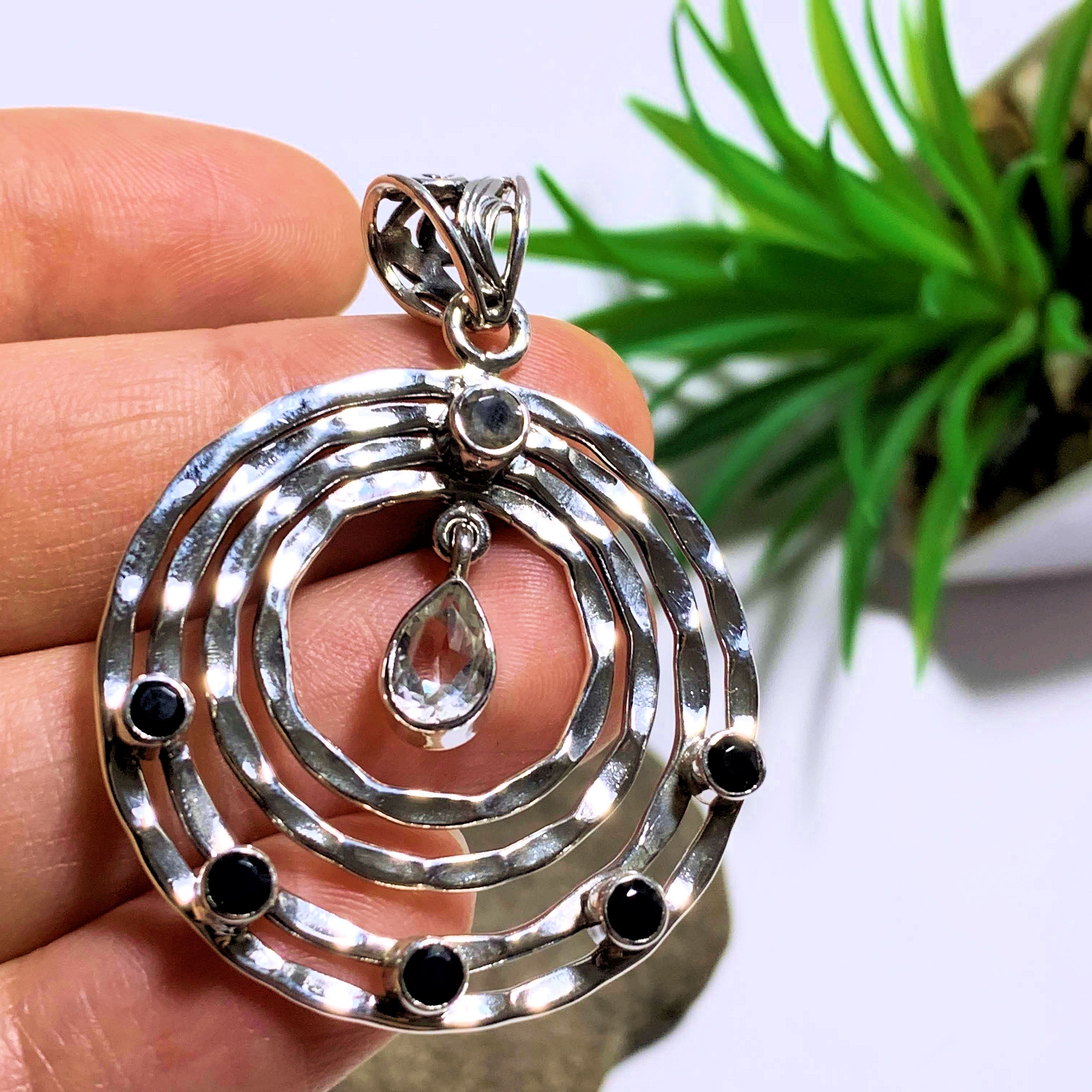 Faceted Clear Quartz & Black Onyx Sterling Silver Pendant (Includes Silver Chain) - Earth Family Crystals