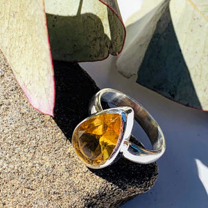 Elegant Faceted Teardrop Golden Citrine Ring in Sterling Silver (Size 6) - Earth Family Crystals