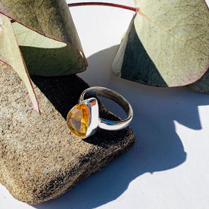 Elegant Faceted Teardrop Golden Citrine Ring in Sterling Silver (Size 6) - Earth Family Crystals