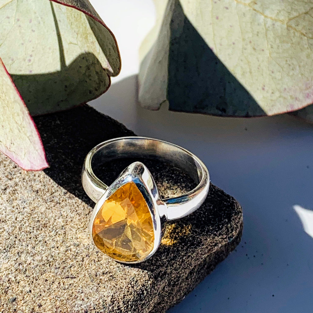 Elegant Faceted Teardrop Golden Citrine Ring in Sterling Silver (Size 6) - Earth Family Crystals