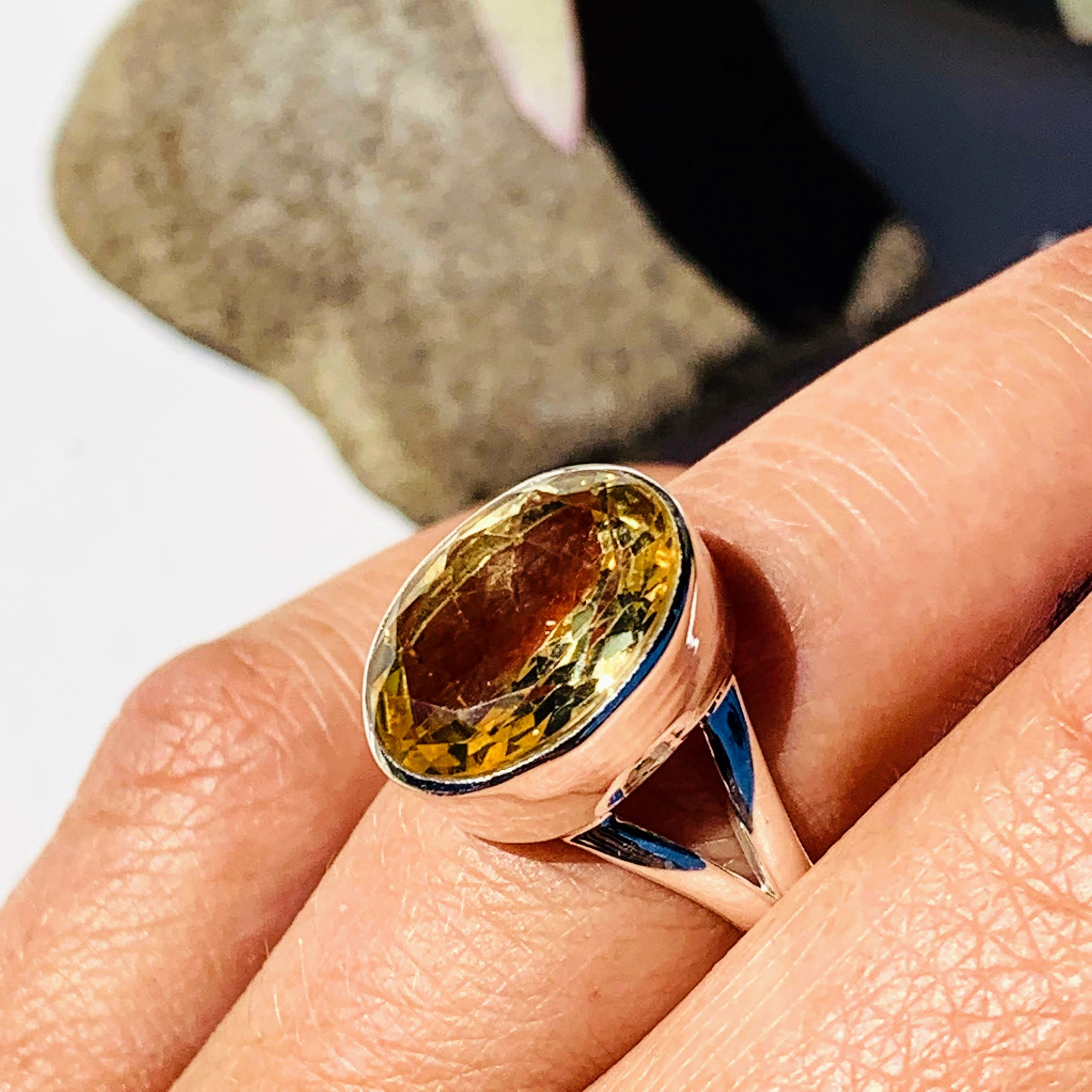 Elegant Faceted Golden Citrine Ring in Sterling Silver (Size 7) - Earth Family Crystals