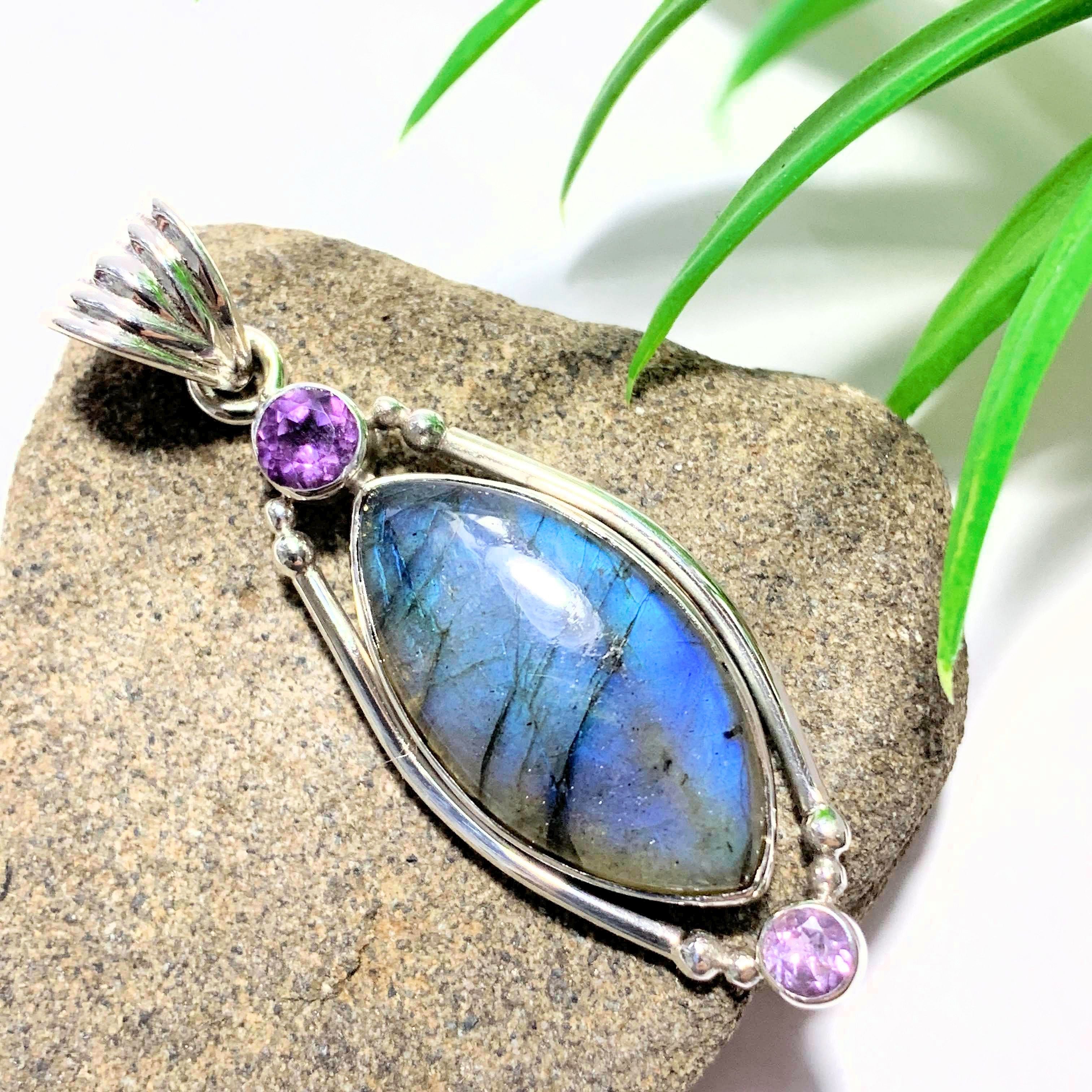 Pretty Faceted Amethyst & Flashy Labradorite Sterling Silver Pendant (Includes Silver Chain) #1