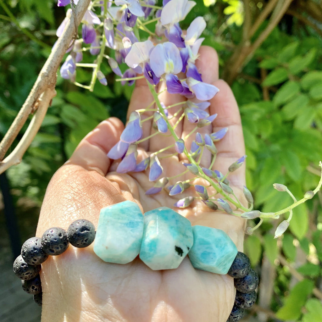Chunky Polished Amazonite Lava Stone Bracelet on Adjustable Cotton Cord -Ideal for Essential Oils - Earth Family Crystals
