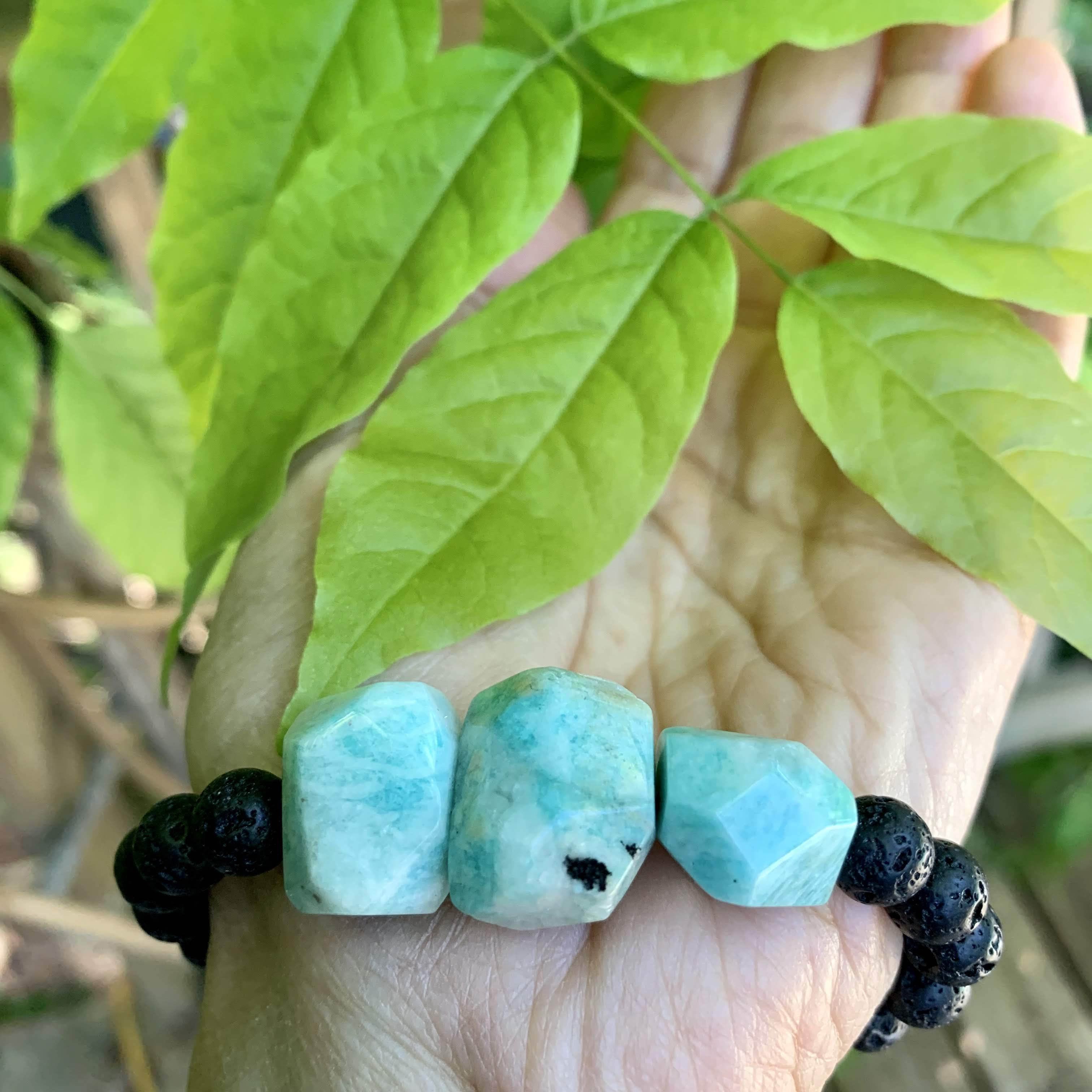 Chunky Polished Amazonite Lava Stone Bracelet on Adjustable Cotton Cord -Ideal for Essential Oils - Earth Family Crystals